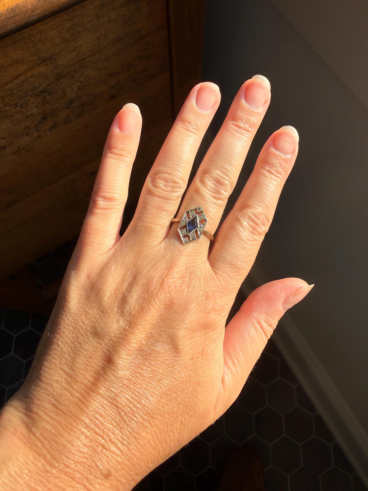HEXAGON Antique 18k Gold Silver French Art Deco Ring Blue Paste Sapphire White Faux Diamond Geometric Stacker Panel Lozenge