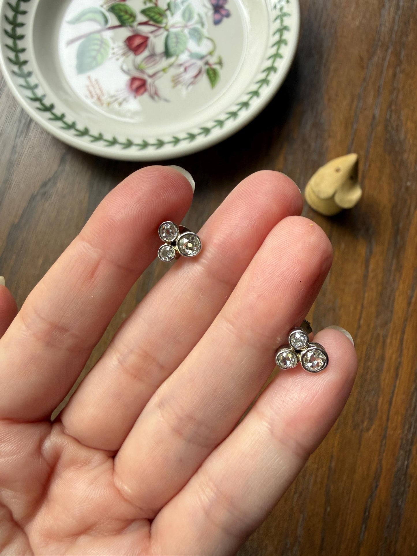 ANTIQUE 1.1 Carat Old Mine Cut DIAMOND Cluster Earrings Trefoil 18k White Gold Platinum Studs Bezel Set 1.1Ctw