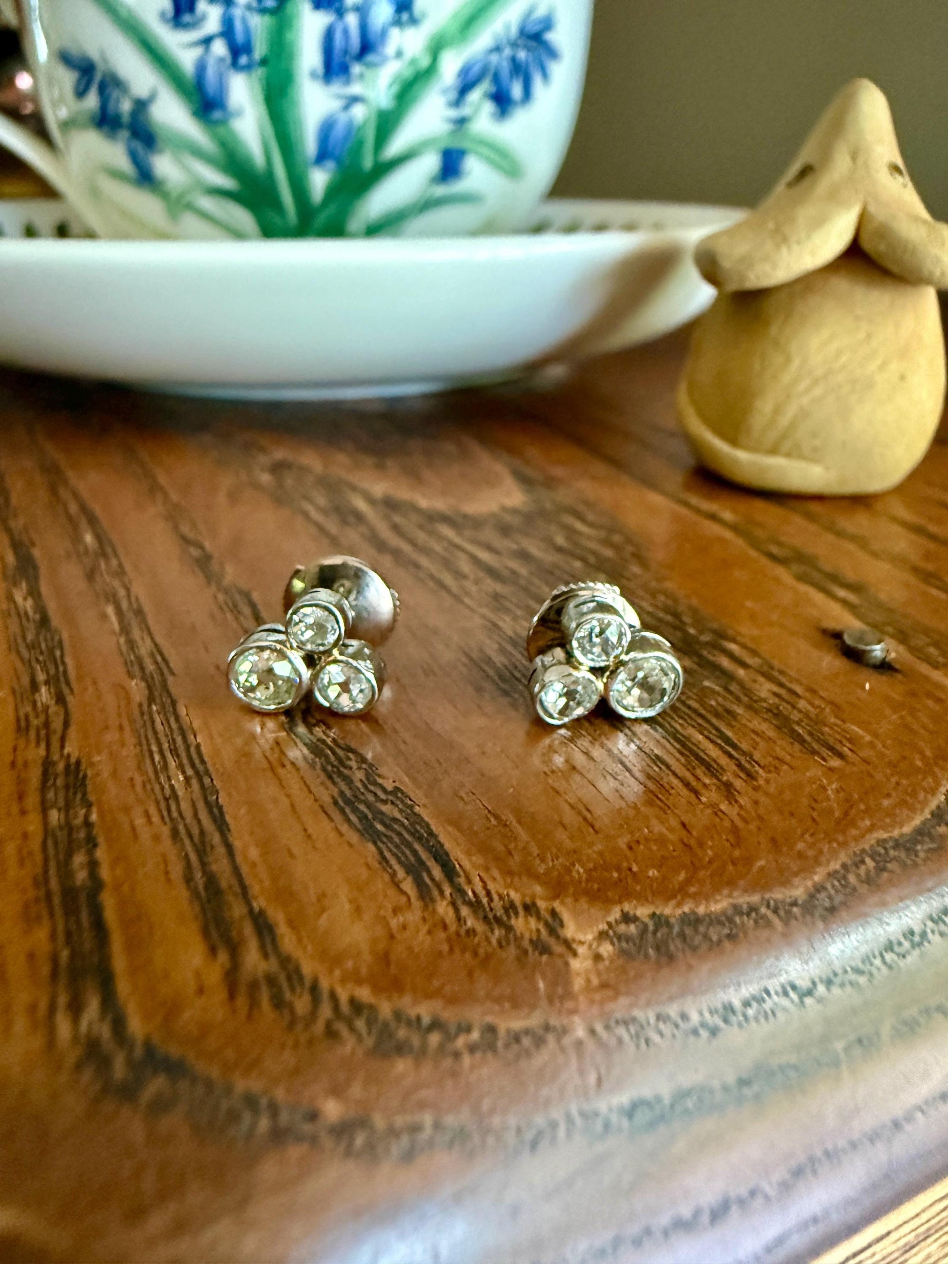 ANTIQUE 1.1 Carat Old Mine Cut DIAMOND Cluster Earrings Trefoil 18k White Gold Platinum Studs Bezel Set 1.1Ctw