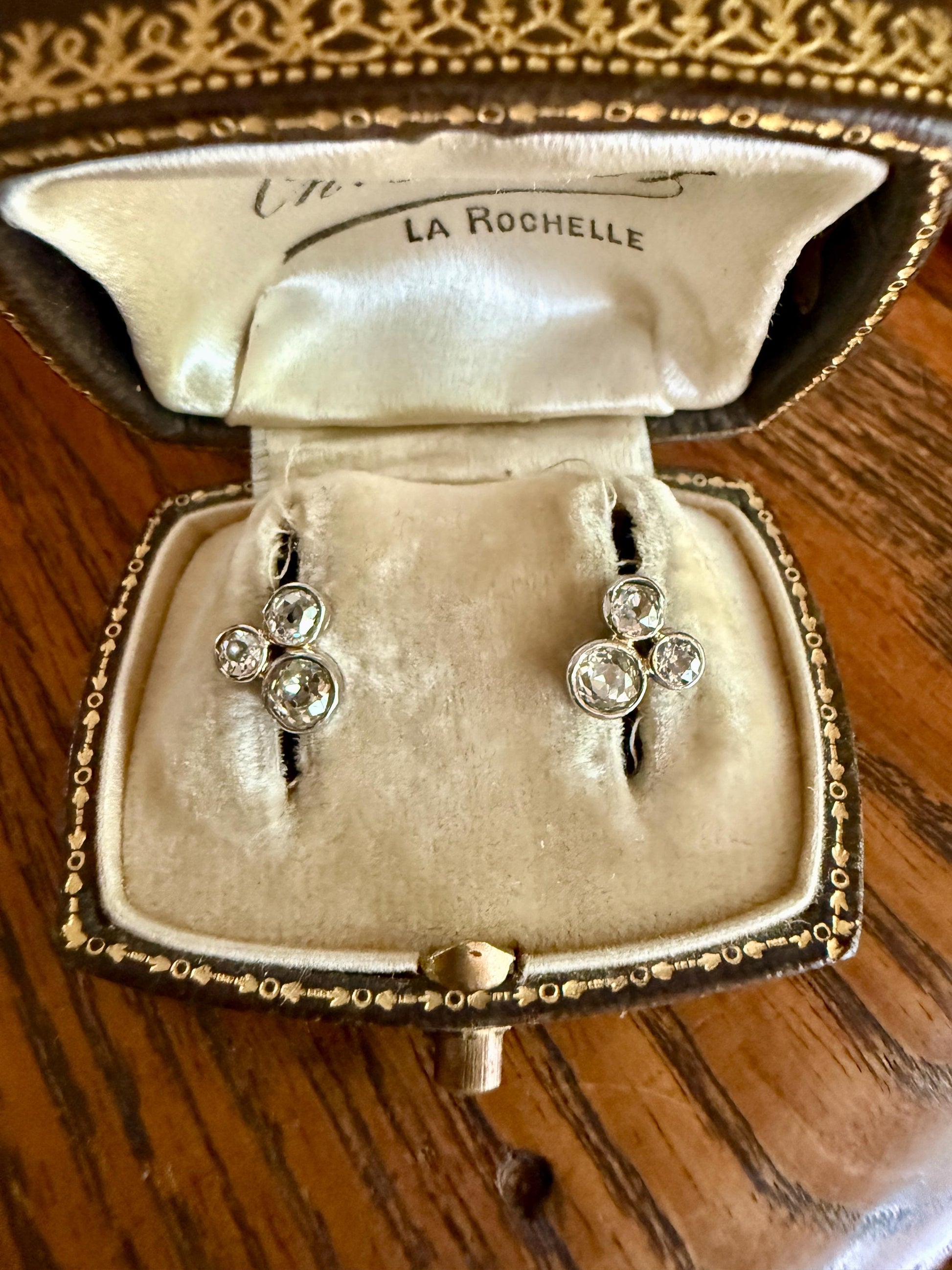 ANTIQUE 1.1 Carat Old Mine Cut DIAMOND Cluster Earrings Trefoil 18k White Gold Platinum Studs Bezel Set 1.1Ctw