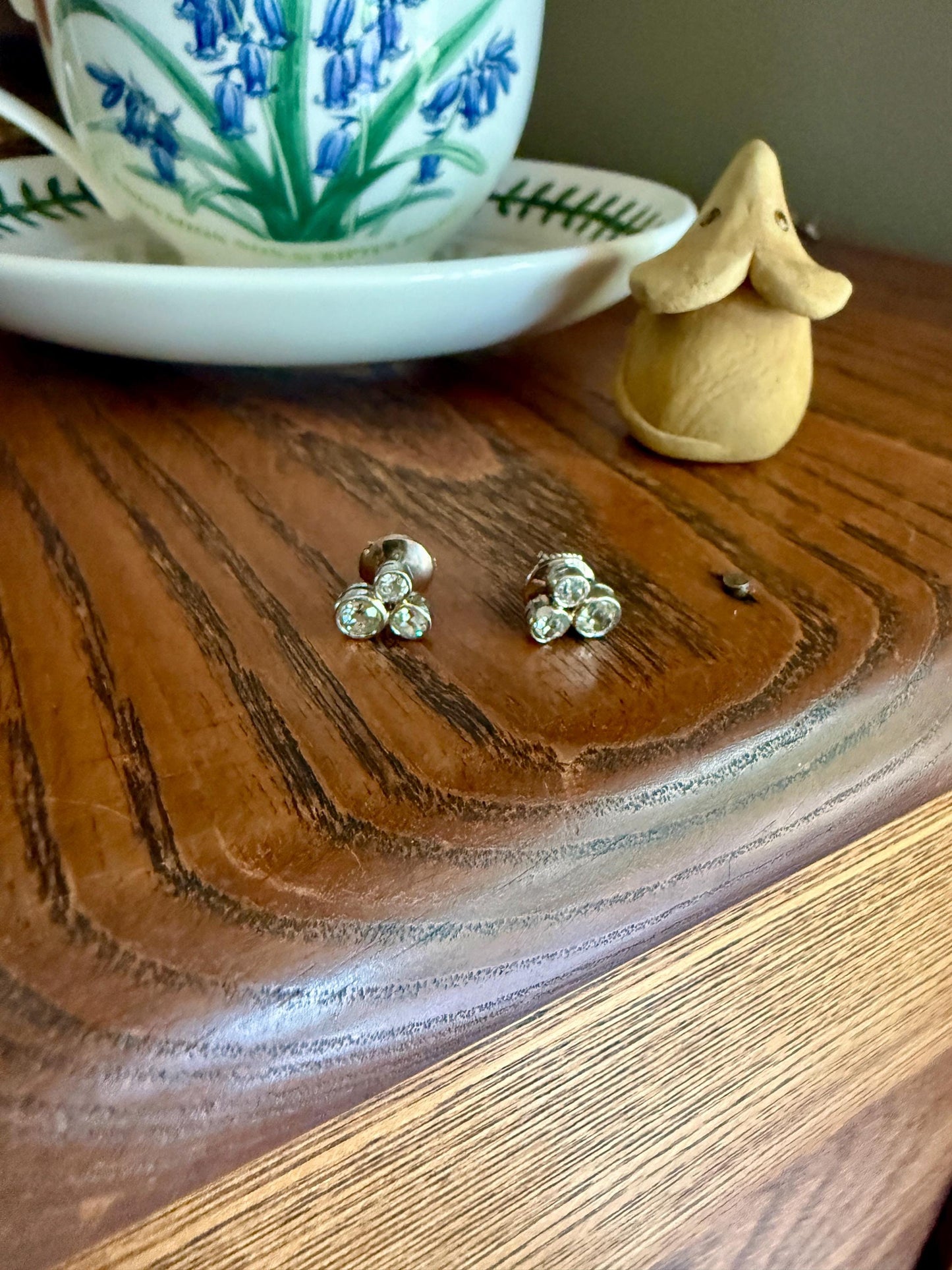 ANTIQUE 1.1 Carat Old Mine Cut DIAMOND Cluster Earrings Trefoil 18k White Gold Platinum Studs Bezel Set 1.1Ctw