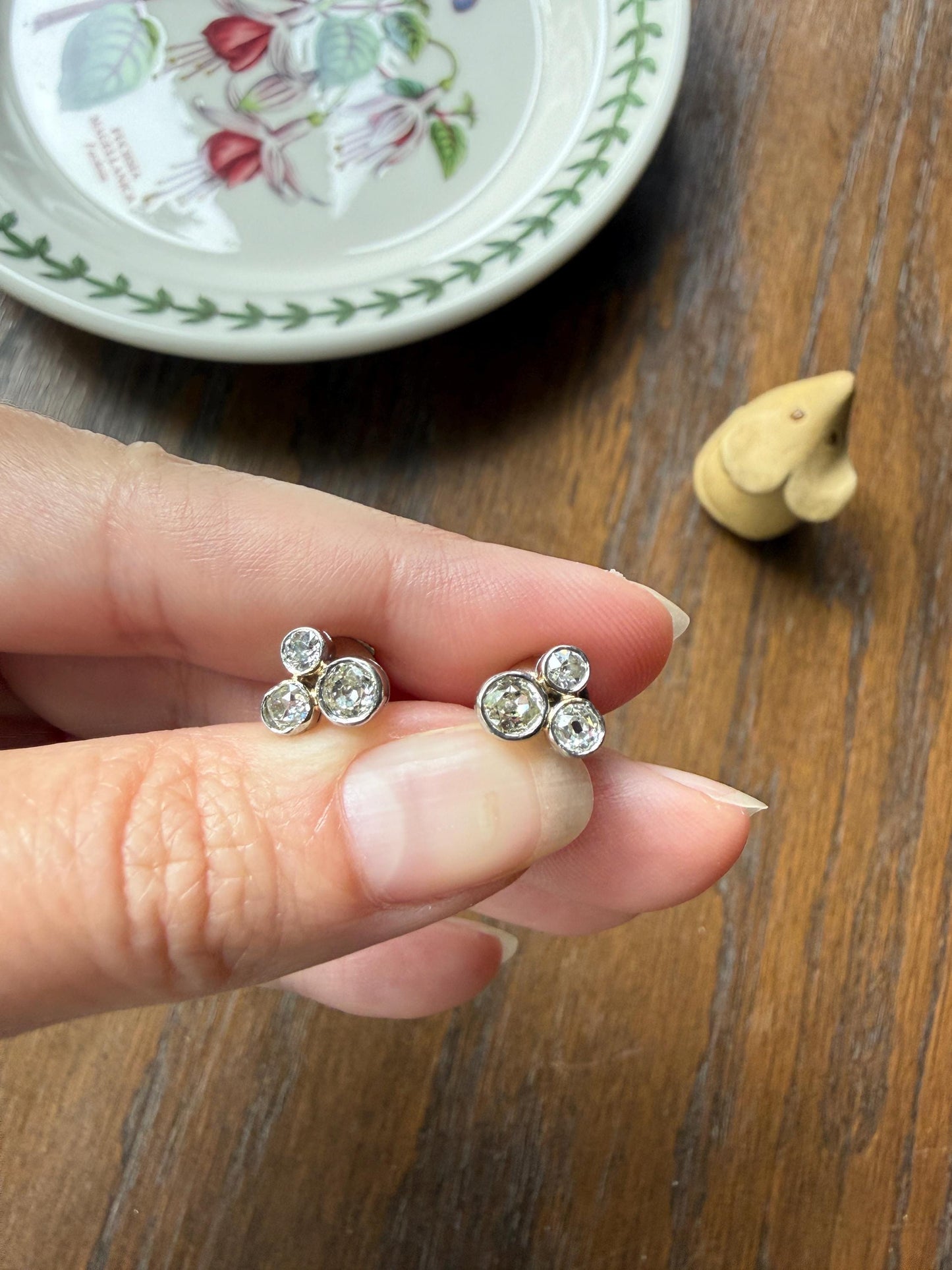 ANTIQUE 1.1 Carat Old Mine Cut DIAMOND Cluster Earrings Trefoil 18k White Gold Platinum Studs Bezel Set 1.1Ctw