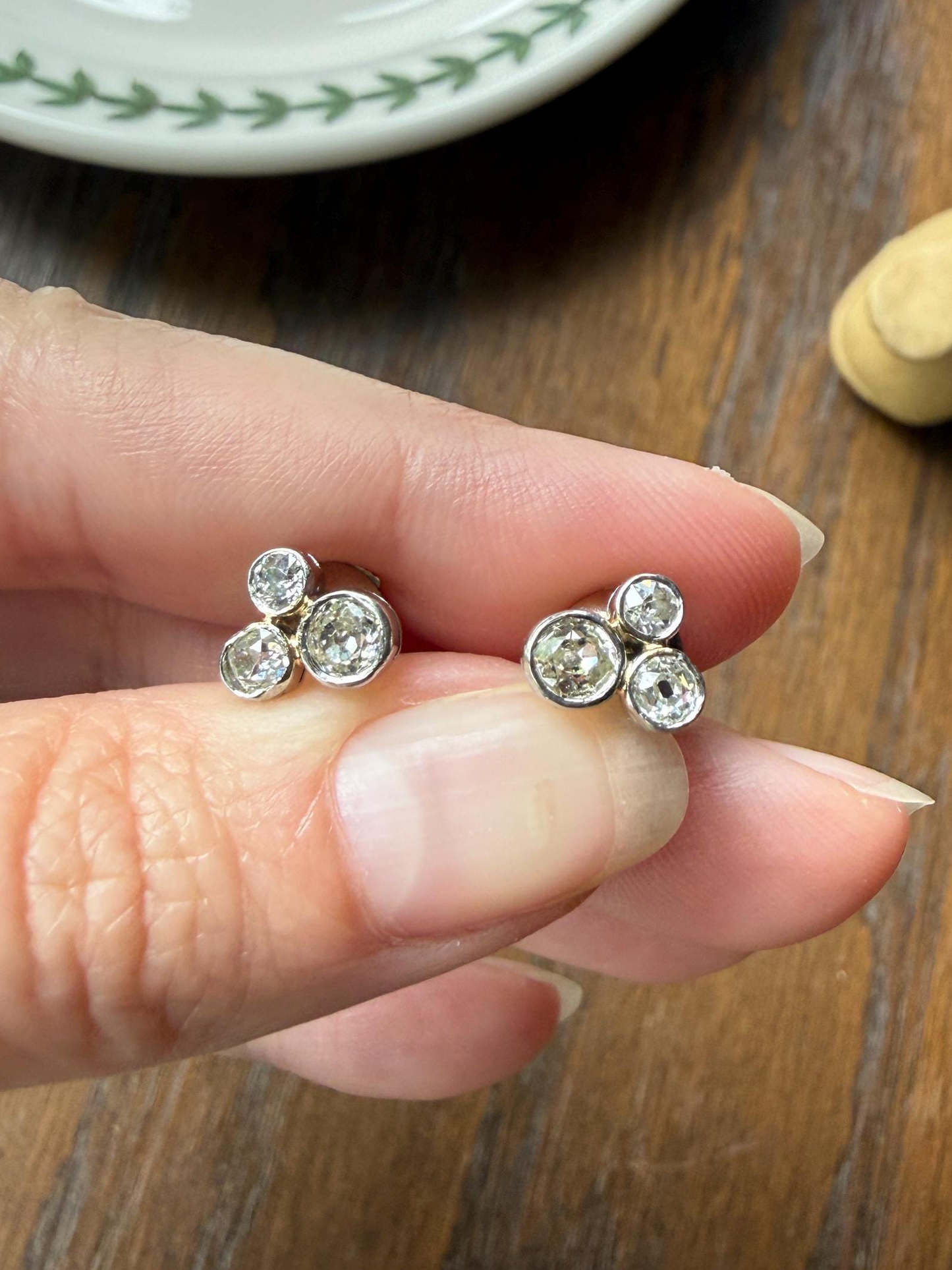 ANTIQUE 1.1 Carat Old Mine Cut DIAMOND Cluster Earrings Trefoil 18k White Gold Platinum Studs Bezel Set 1.1Ctw