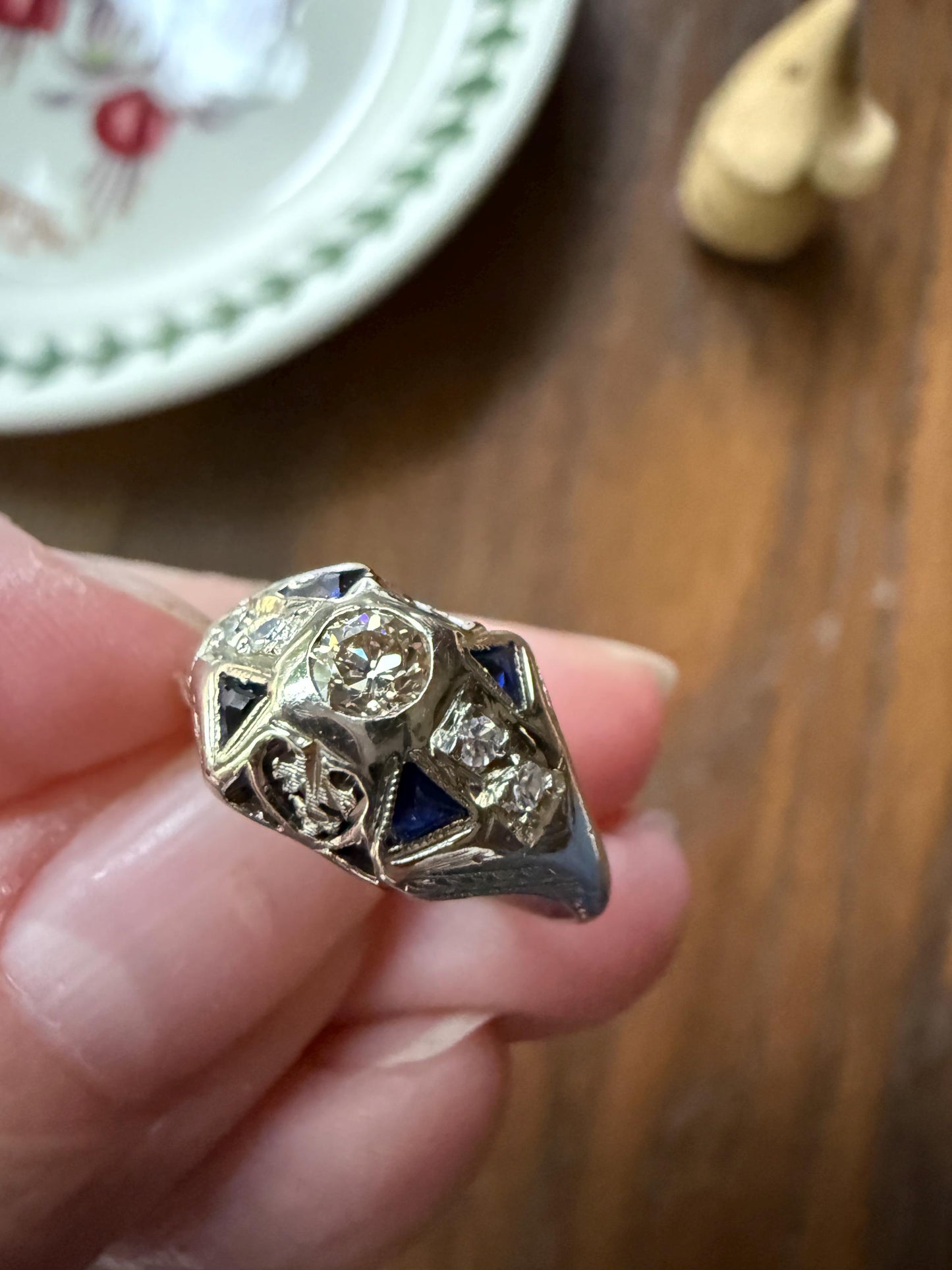 Champagne Old Mine Cut Diamond Triangle Cut Sapphire Ornate Art Deco Ring 18k Gold Engraved Domed Stacker
