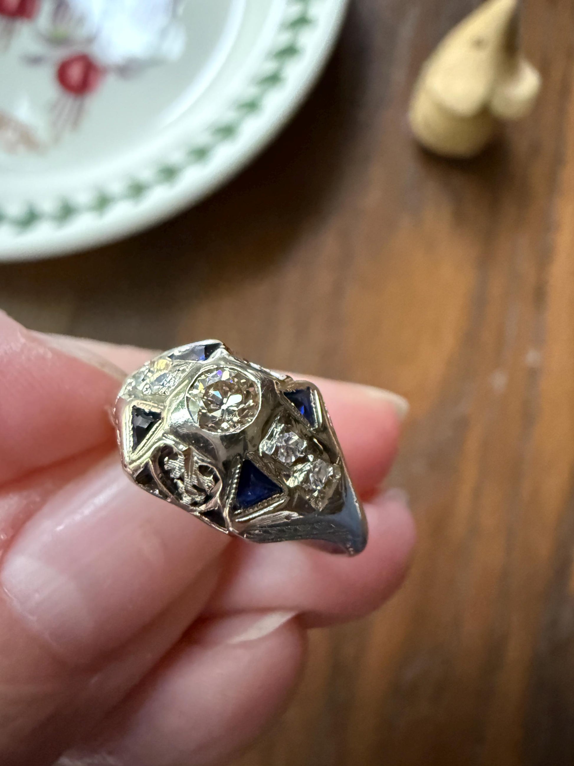 Champagne Old Mine Cut Diamond Triangle Cut Sapphire Ornate Art Deco Ring 18k Gold Engraved Domed Stacker