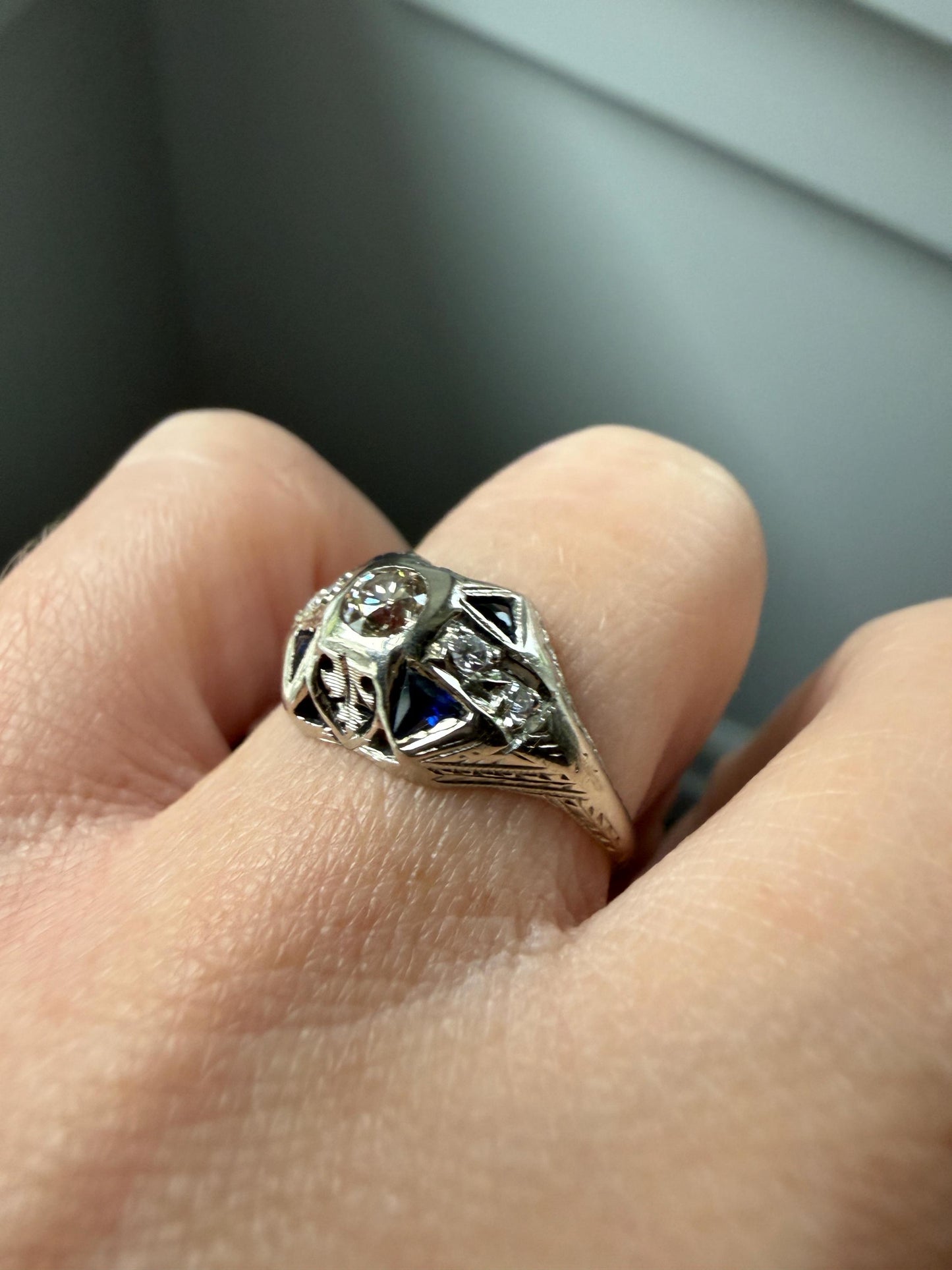 Champagne Old Mine Cut Diamond Triangle Cut Sapphire Ornate Art Deco Ring 18k Gold Engraved Domed Stacker