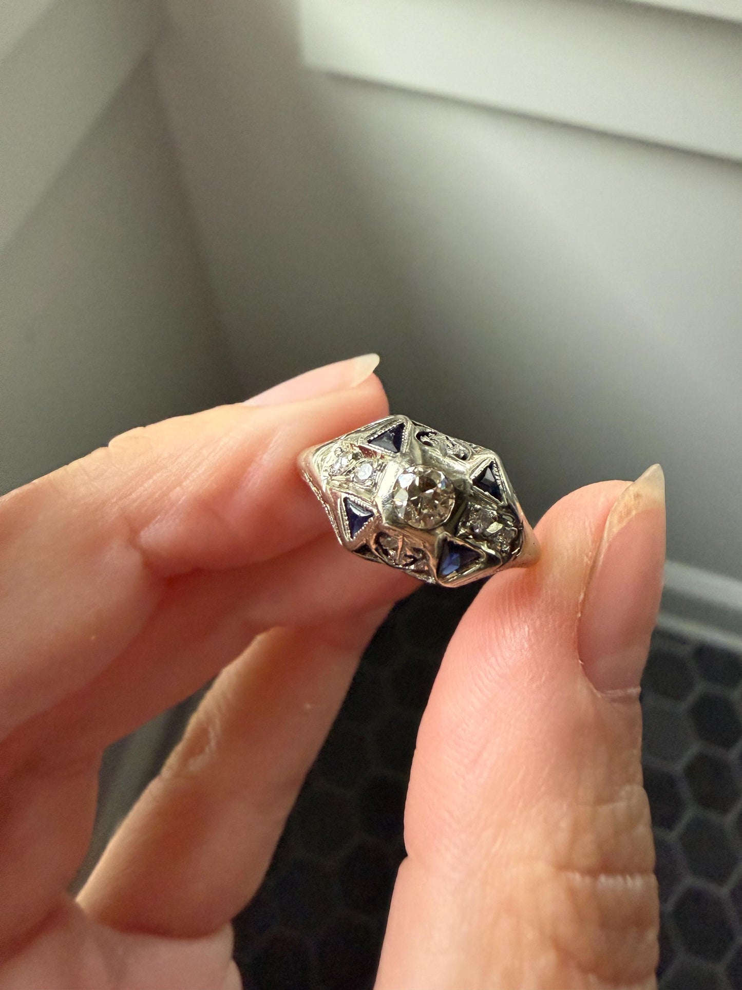 Champagne Old Mine Cut Diamond Triangle Cut Sapphire Ornate Art Deco Ring 18k Gold Engraved Domed Stacker