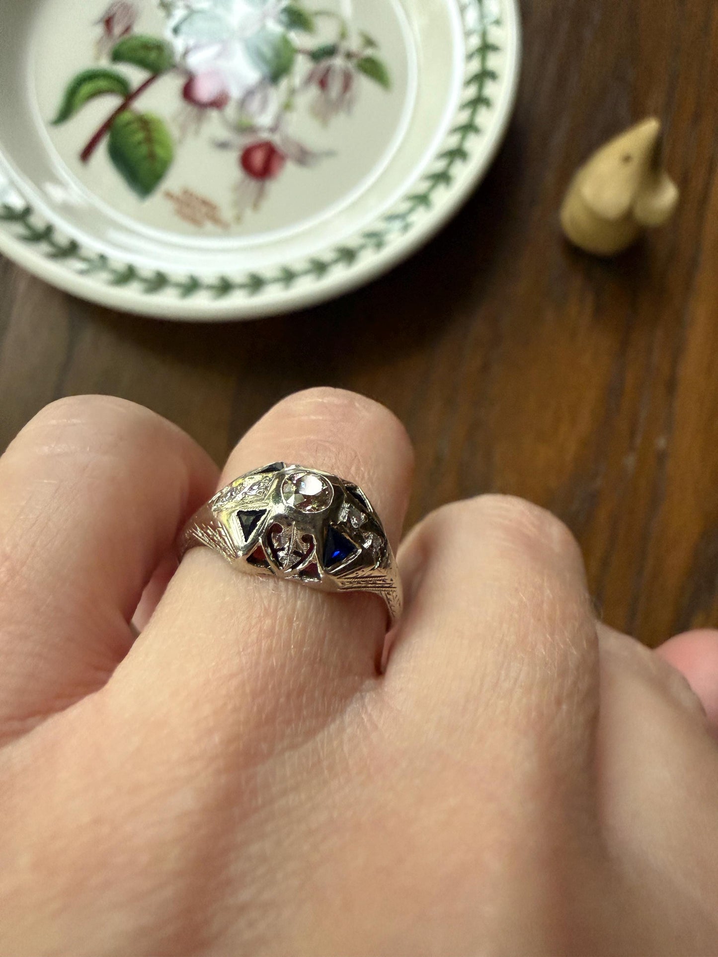 Champagne Old Mine Cut Diamond Triangle Cut Sapphire Ornate Art Deco Ring 18k Gold Engraved Domed Stacker