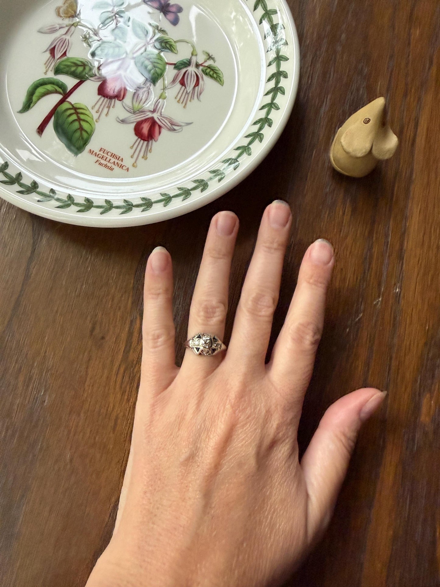 Champagne Old Mine Cut Diamond Triangle Cut Sapphire Ornate Art Deco Ring 18k Gold Engraved Domed Stacker