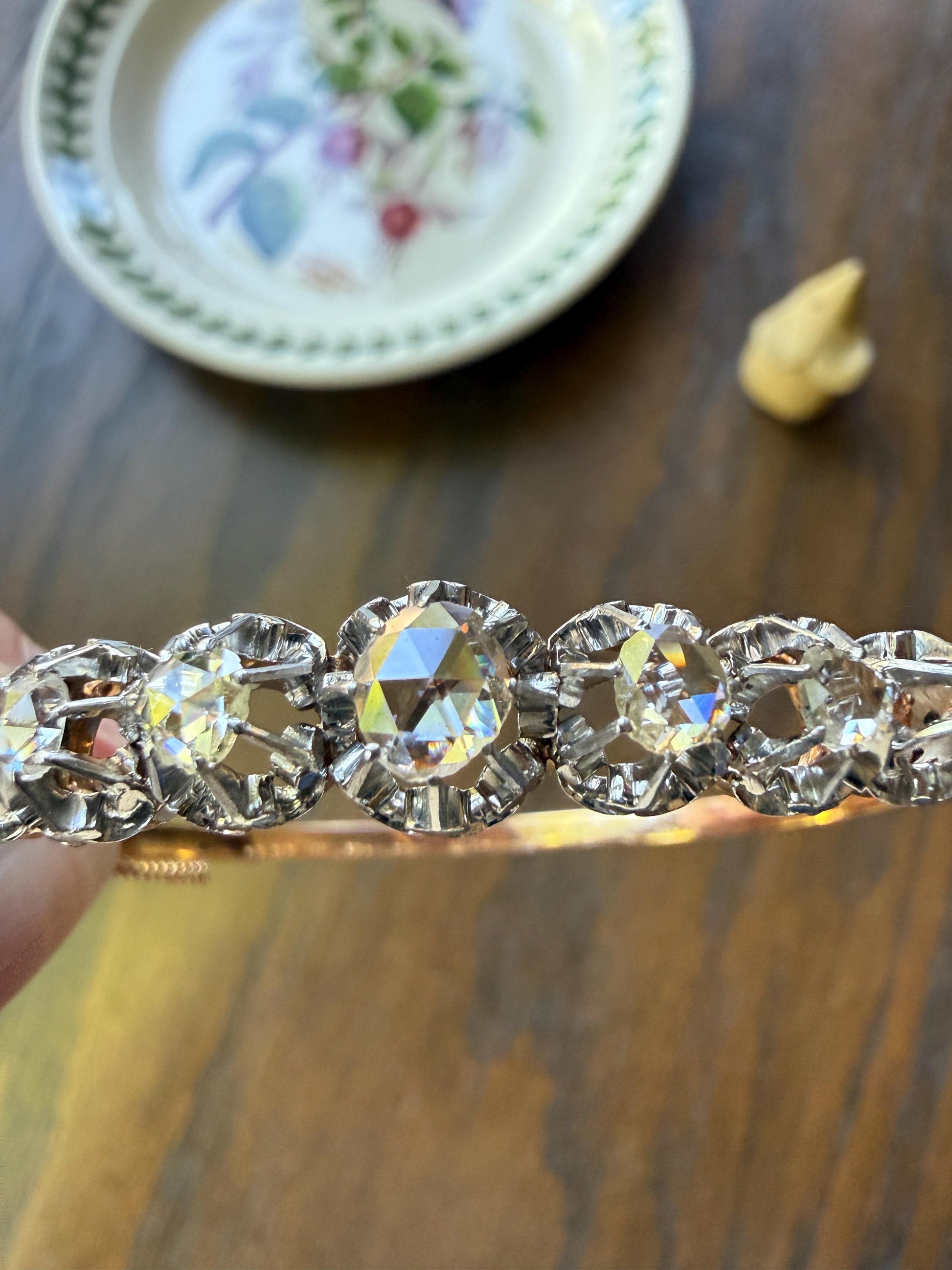 ANTIQUE Rose Cut DIAMOND Bangle Bracelet Boxed French Victorian 20g 18k Gold Platinum Crown Fleur de Lis Prongs Ornate Wriststack Open Back