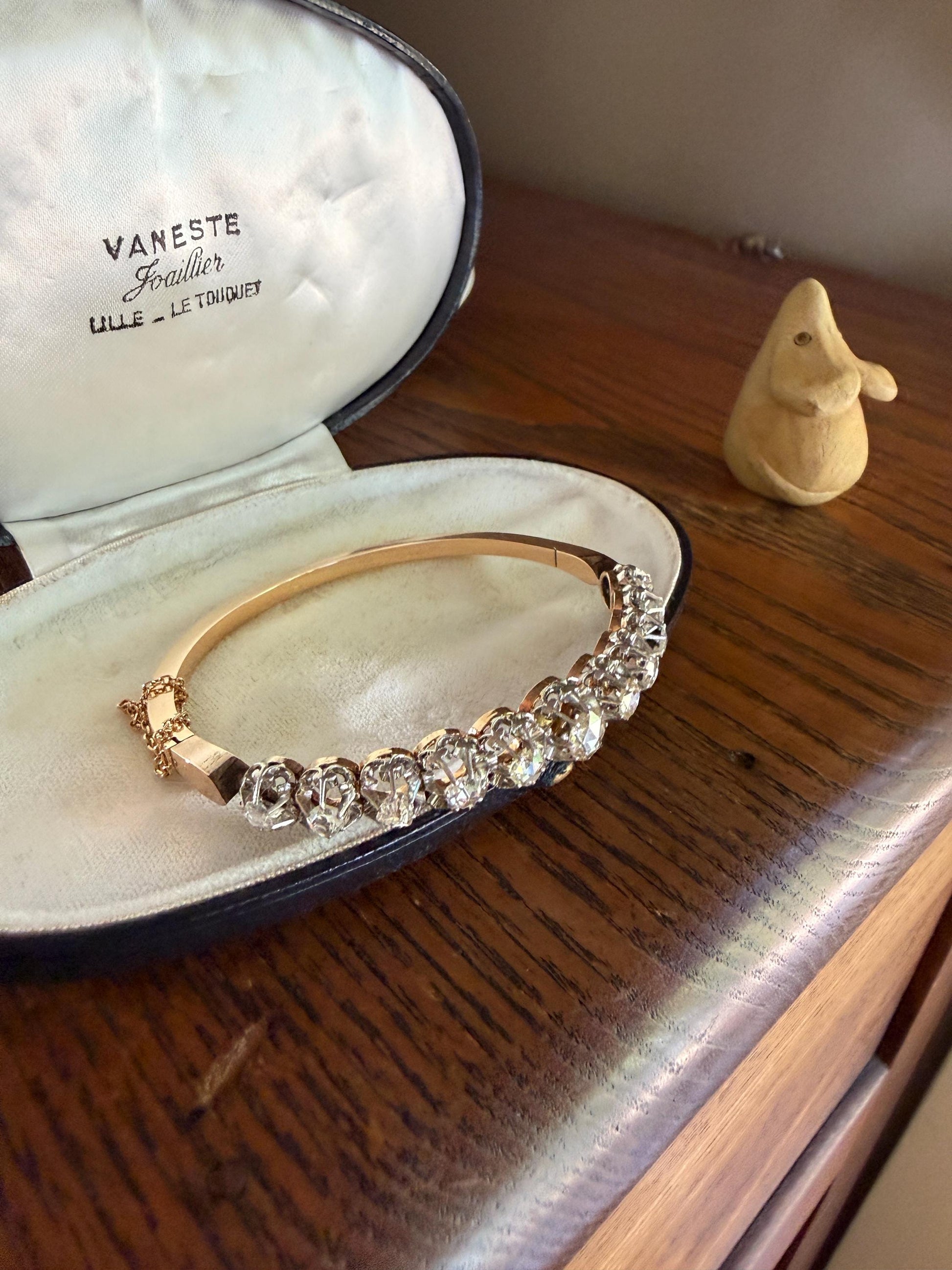 ANTIQUE Rose Cut DIAMOND Bangle Bracelet Boxed French Victorian 20g 18k Gold Platinum Crown Fleur de Lis Prongs Ornate Wriststack Open Back