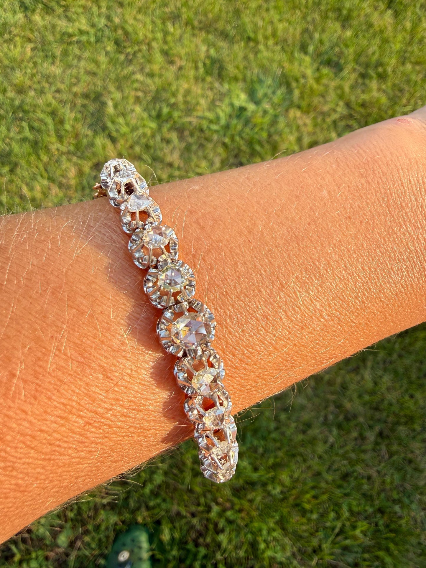 ANTIQUE Rose Cut DIAMOND Bangle Bracelet Boxed French Victorian 20g 18k Gold Platinum Crown Fleur de Lis Prongs Ornate Wriststack Open Back