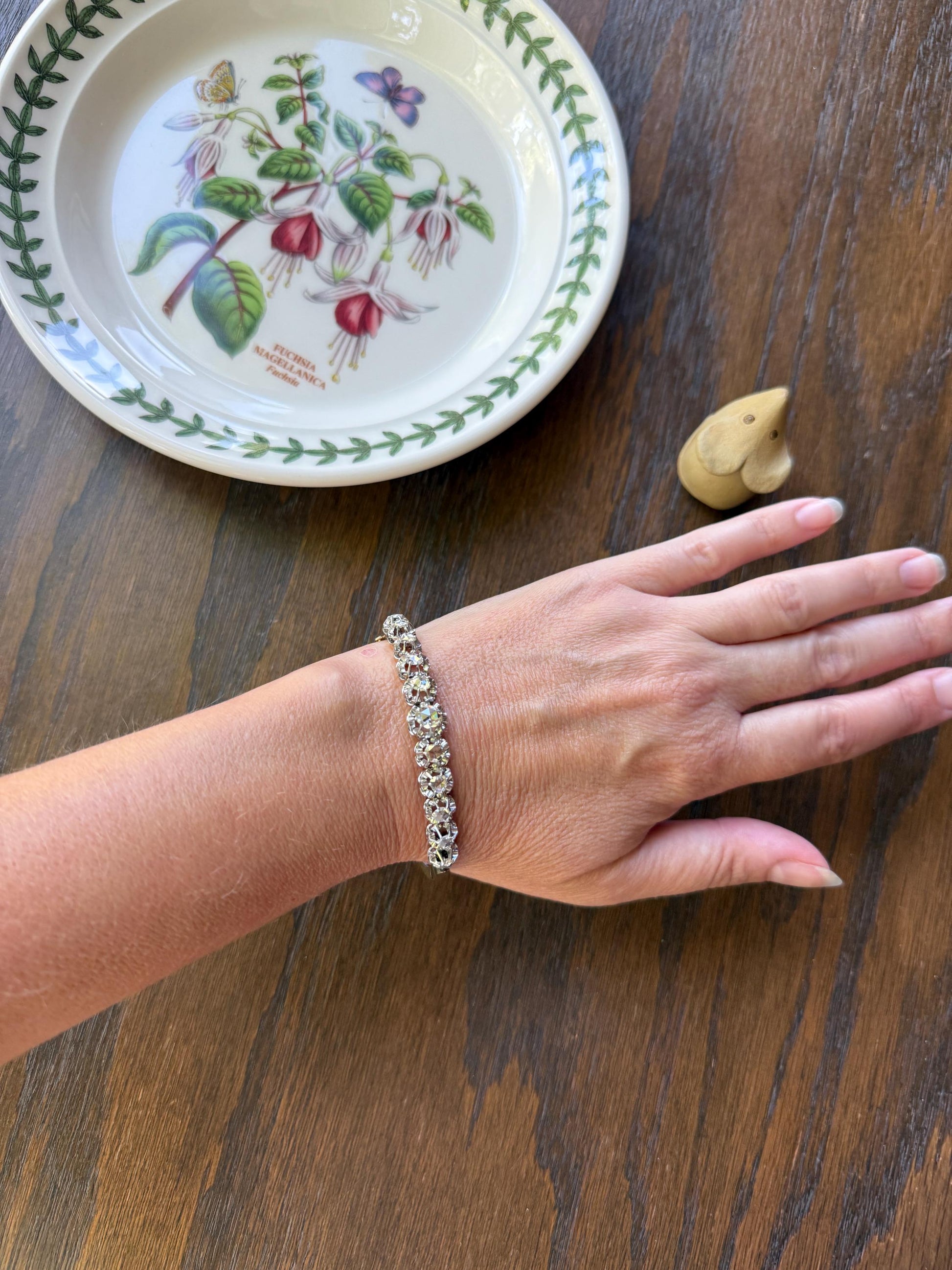 ANTIQUE Rose Cut DIAMOND Bangle Bracelet Boxed French Victorian 20g 18k Gold Platinum Crown Fleur de Lis Prongs Ornate Wriststack Open Back