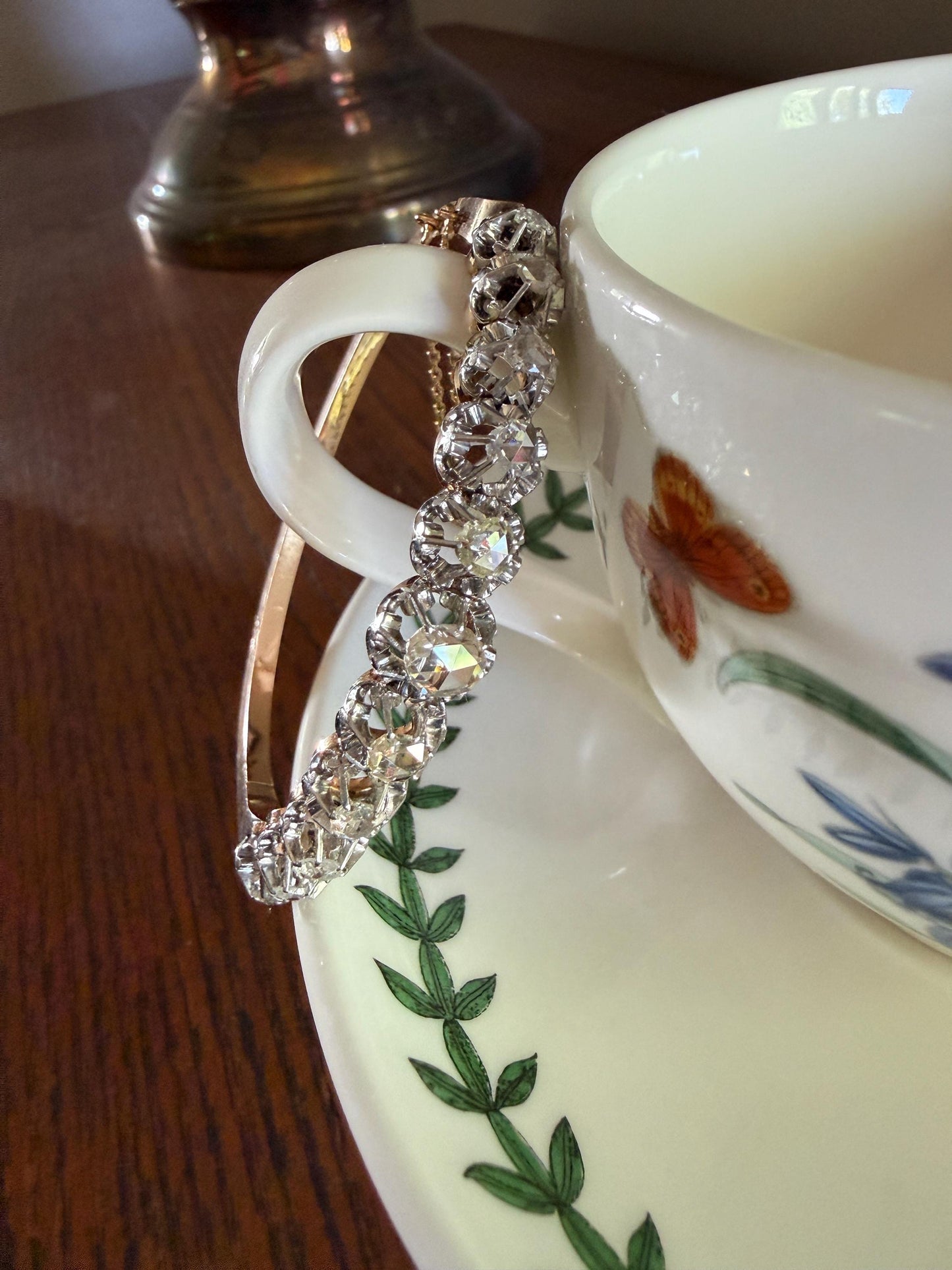 ANTIQUE Rose Cut DIAMOND Bangle Bracelet Boxed French Victorian 20g 18k Gold Platinum Crown Fleur de Lis Prongs Ornate Wriststack Open Back