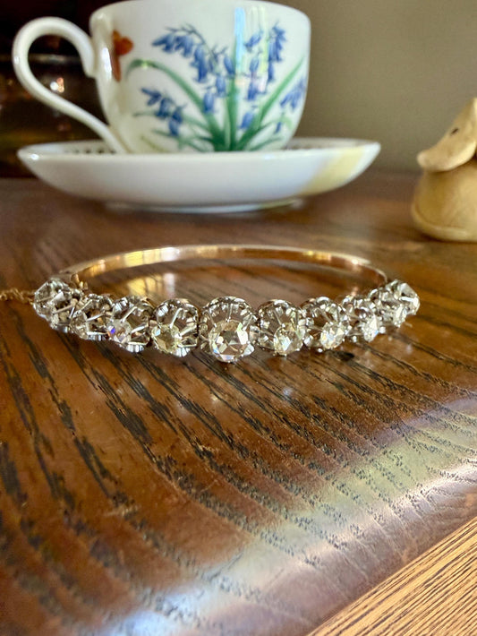 ANTIQUE Rose Cut DIAMOND Bangle Bracelet Boxed French Victorian 20g 18k Gold Platinum Crown Fleur de Lis Prongs Ornate Wriststack Open Back