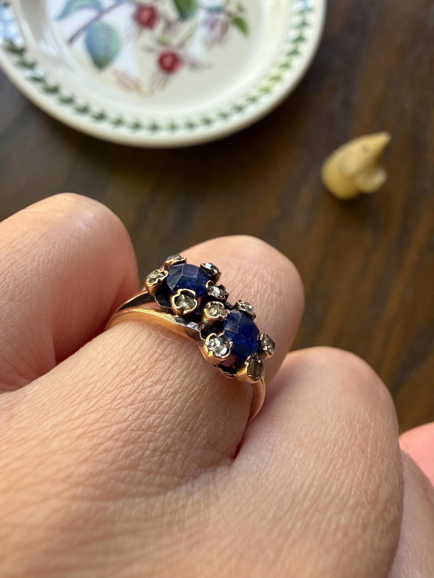 Antique Natural Sapphire Rose Cut Diamond Prongs Floral Halo Toi et Moi Ring French Victorian 18k Gold Bypass Blue Stacker