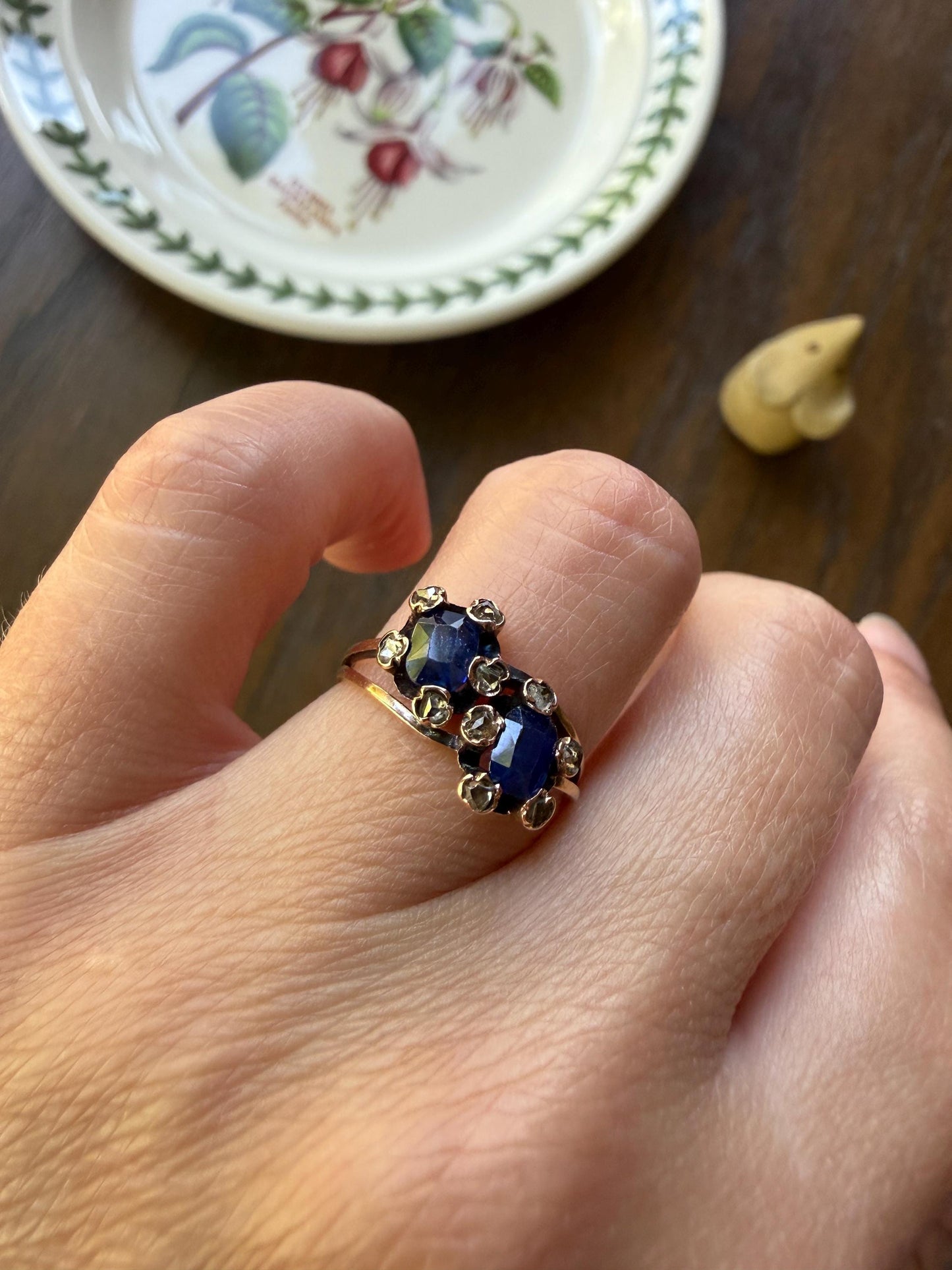 Antique Natural Sapphire Rose Cut Diamond Prongs Floral Halo Toi et Moi Ring French Victorian 18k Gold Bypass Blue Stacker
