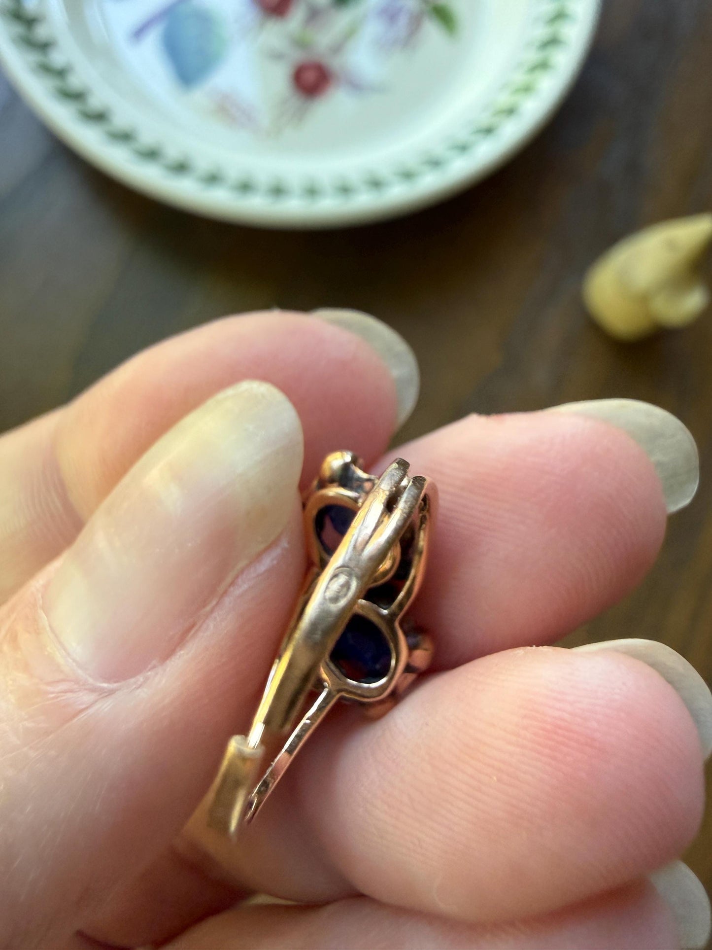 Antique Natural Sapphire Rose Cut Diamond Prongs Floral Halo Toi et Moi Ring French Victorian 18k Gold Bypass Blue Stacker