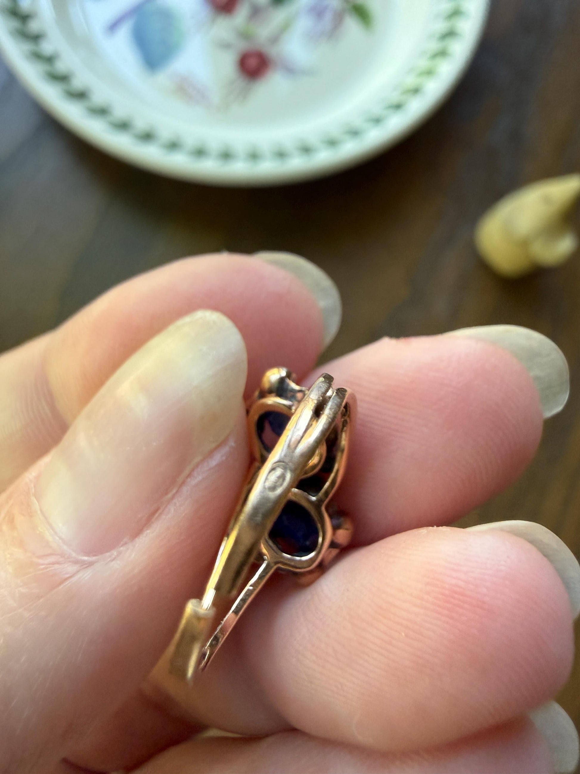 Antique Natural Sapphire Rose Cut Diamond Prongs Floral Halo Toi et Moi Ring French Victorian 18k Gold Bypass Blue Stacker