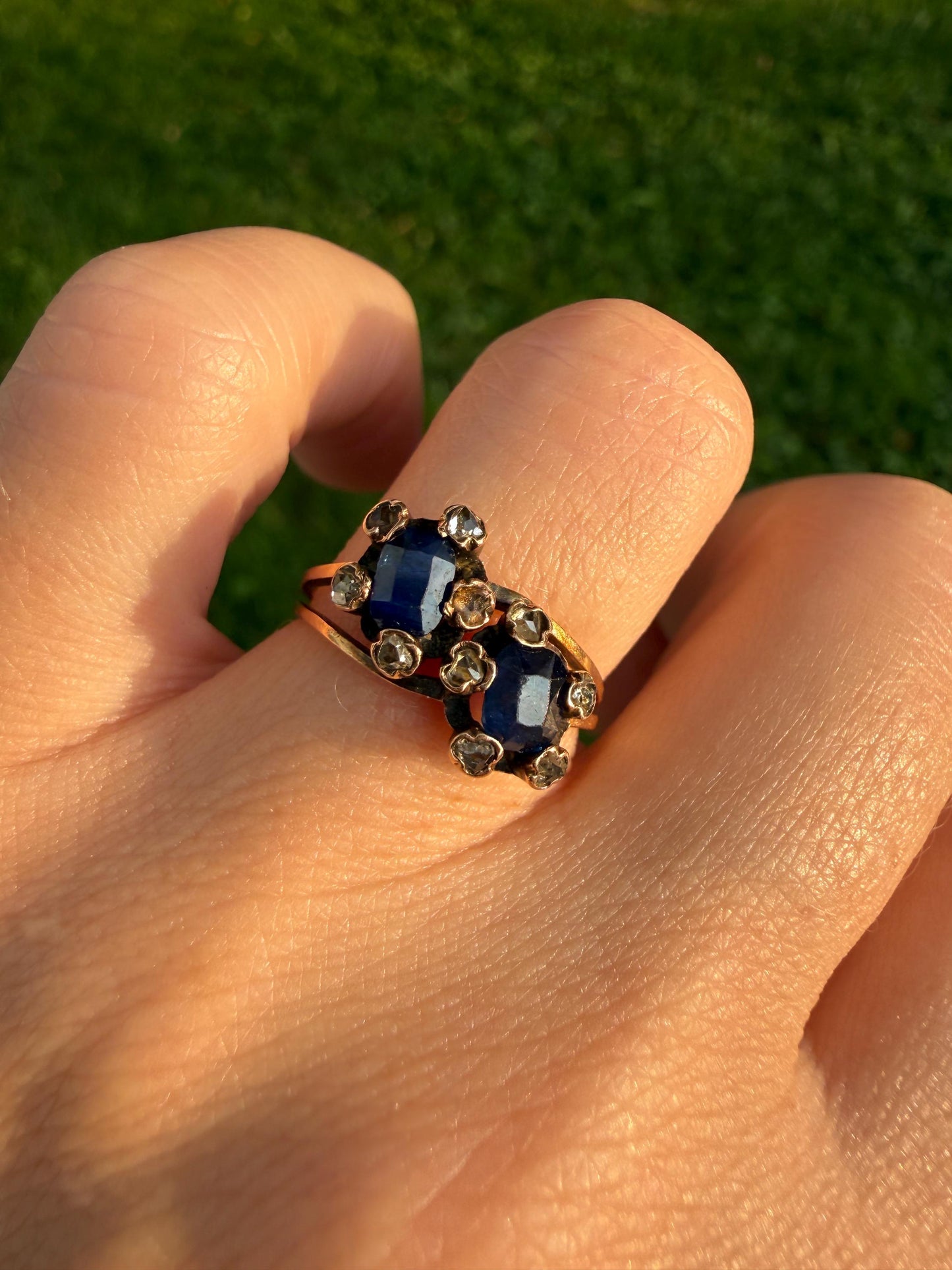 Antique Natural Sapphire Rose Cut Diamond Prongs Floral Halo Toi et Moi Ring French Victorian 18k Gold Bypass Blue Stacker