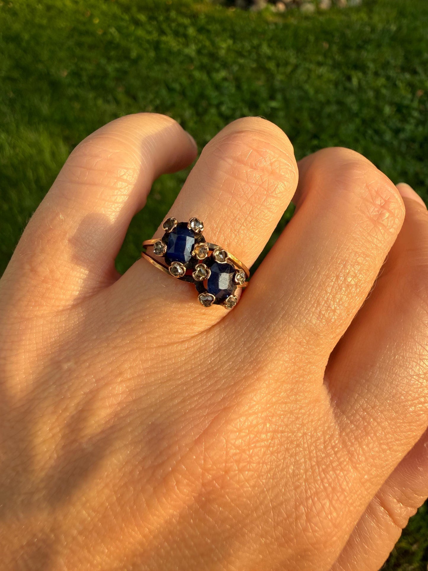 Antique Natural Sapphire Rose Cut Diamond Prongs Floral Halo Toi et Moi Ring French Victorian 18k Gold Bypass Blue Stacker