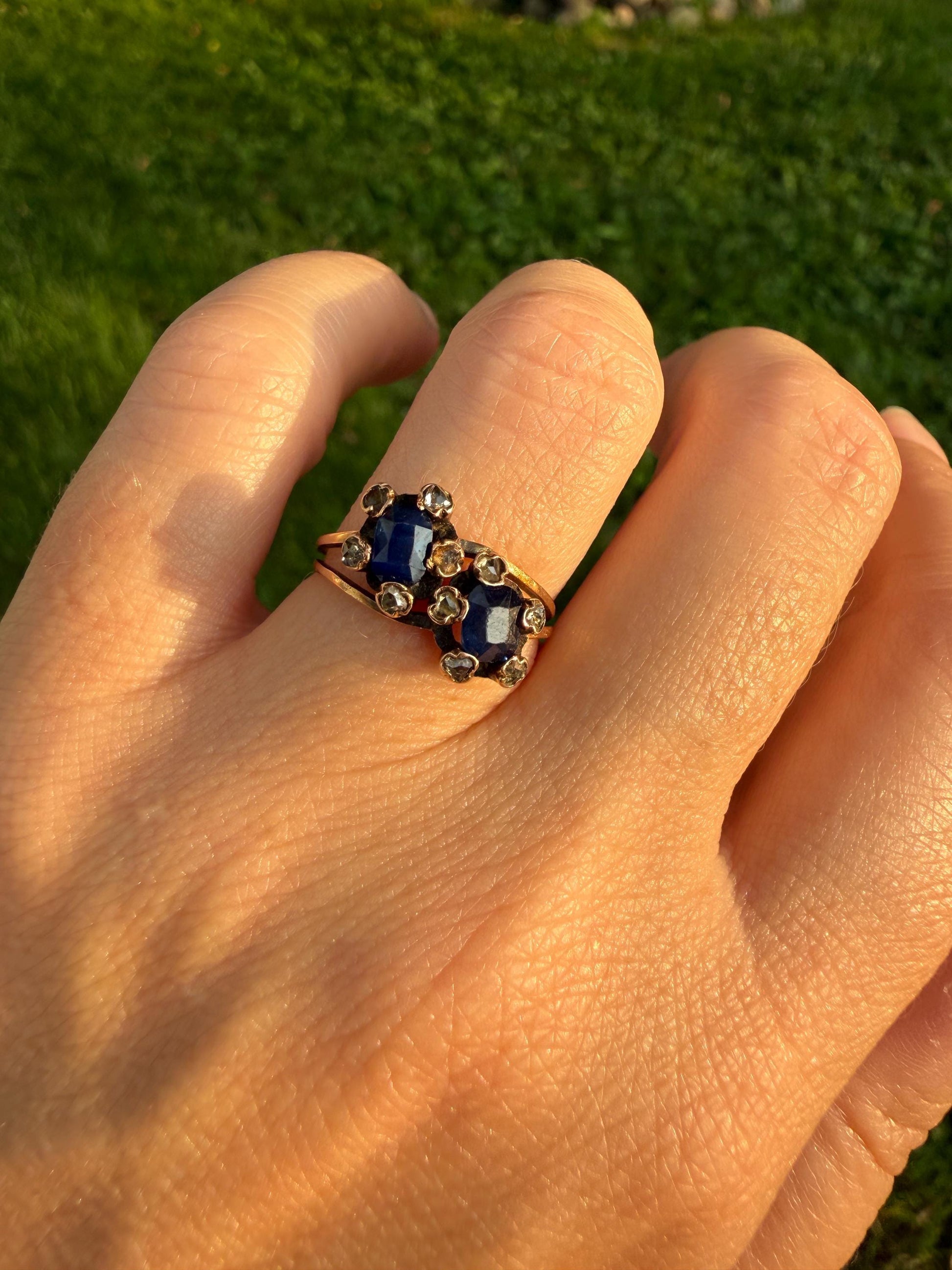 Antique Natural Sapphire Rose Cut Diamond Prongs Floral Halo Toi et Moi Ring French Victorian 18k Gold Bypass Blue Stacker