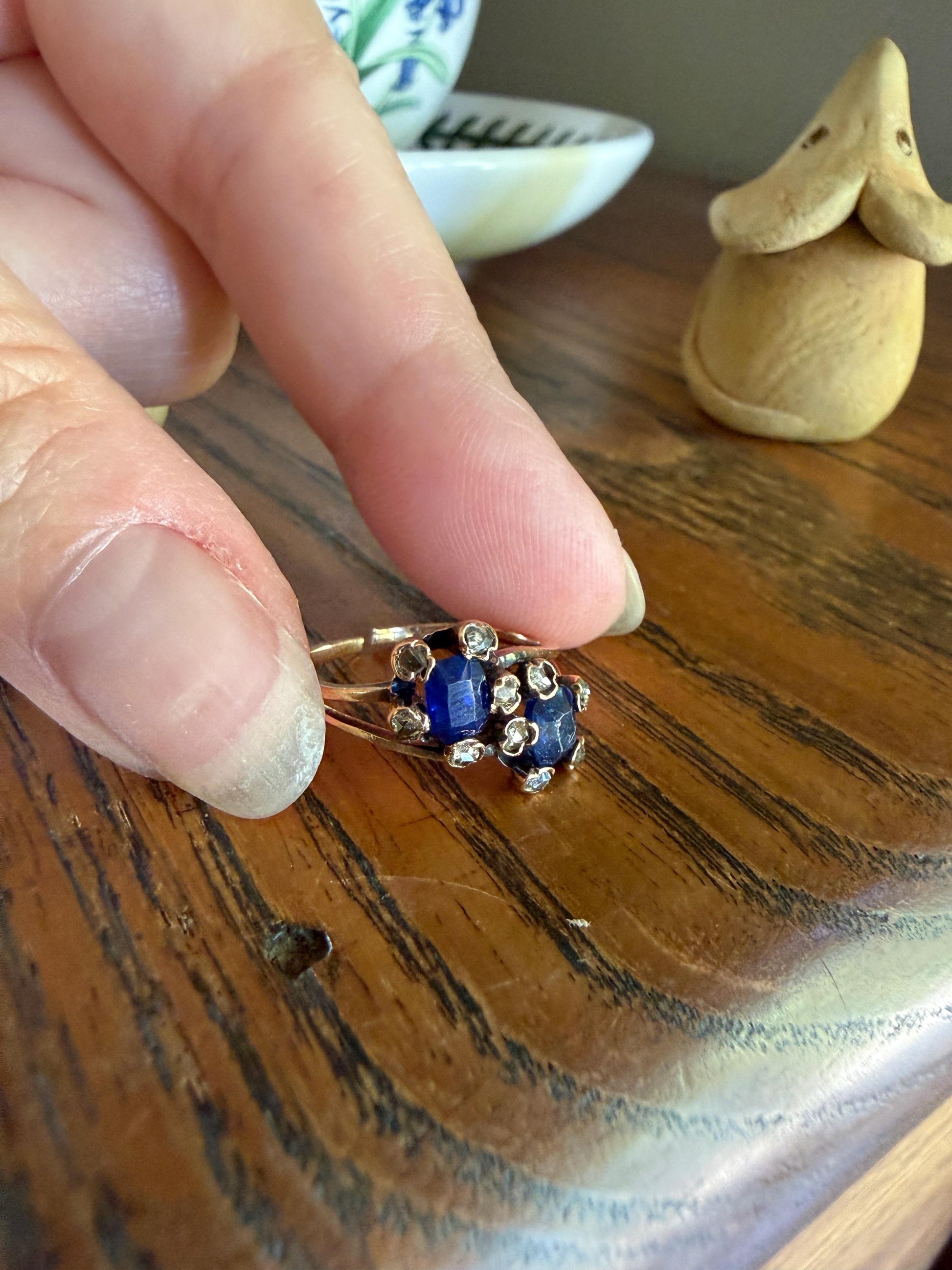 Antique Natural Sapphire Rose Cut Diamond Prongs Floral Halo Toi et Moi Ring French Victorian 18k Gold Bypass Blue Stacker
