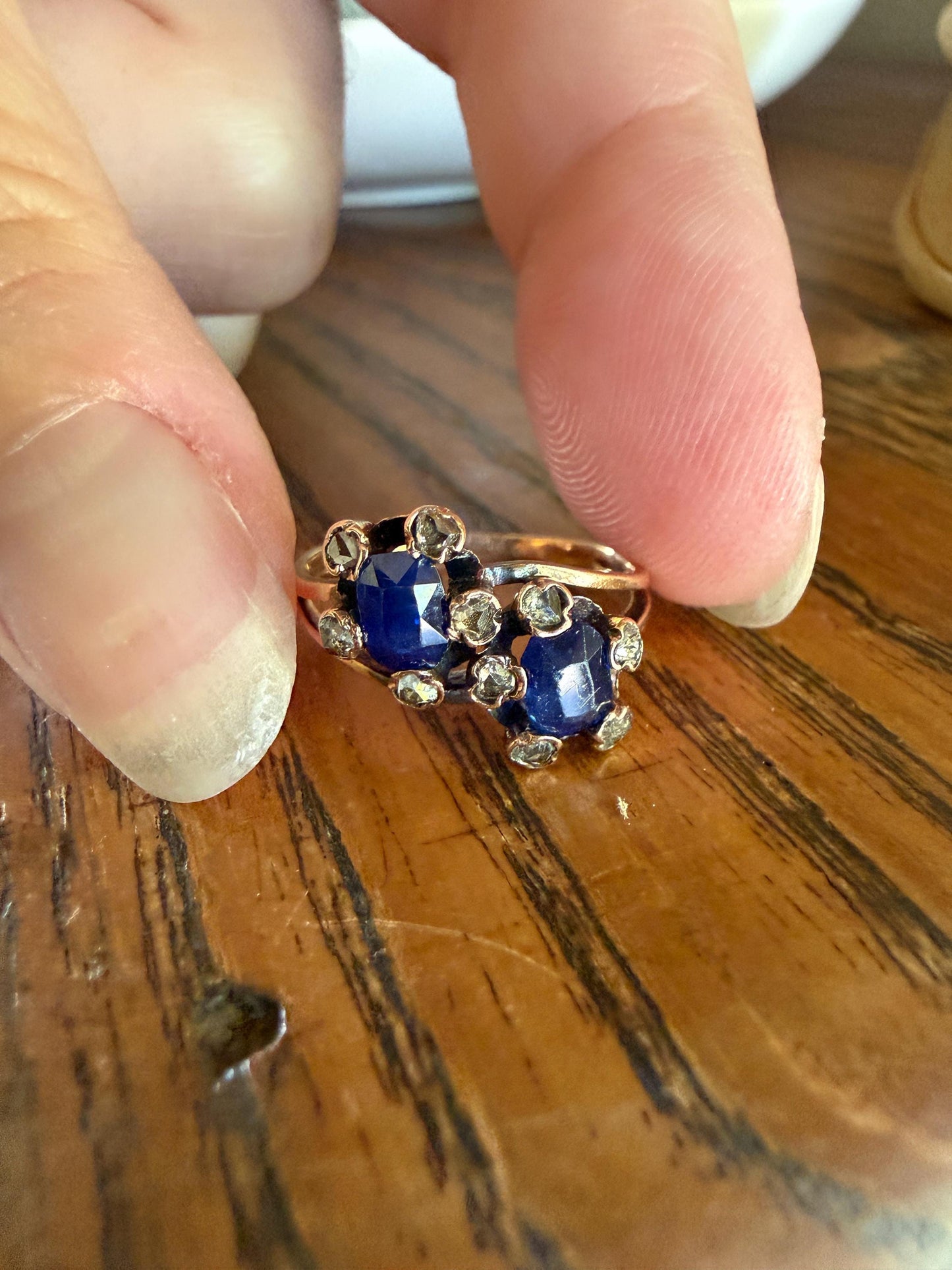 Antique Natural Sapphire Rose Cut Diamond Prongs Floral Halo Toi et Moi Ring French Victorian 18k Gold Bypass Blue Stacker