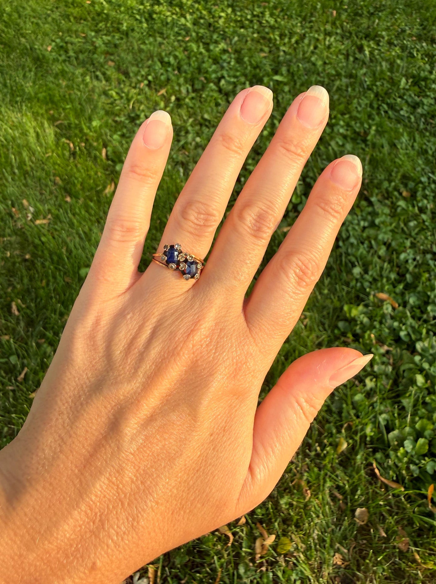 Antique Natural Sapphire Rose Cut Diamond Prongs Floral Halo Toi et Moi Ring French Victorian 18k Gold Bypass Blue Stacker