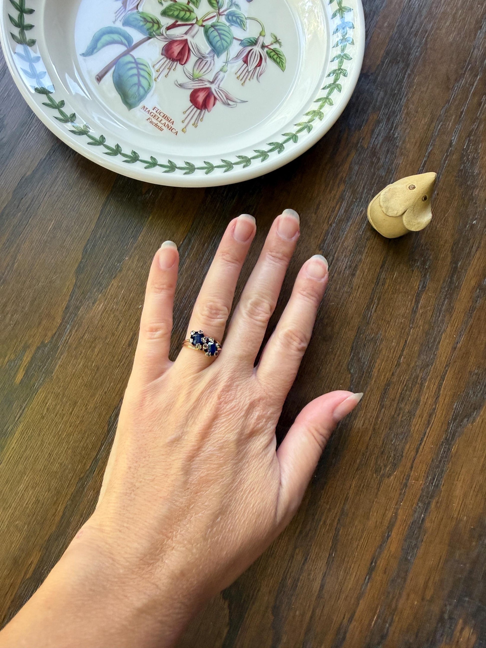Antique Natural Sapphire Rose Cut Diamond Prongs Floral Halo Toi et Moi Ring French Victorian 18k Gold Bypass Blue Stacker