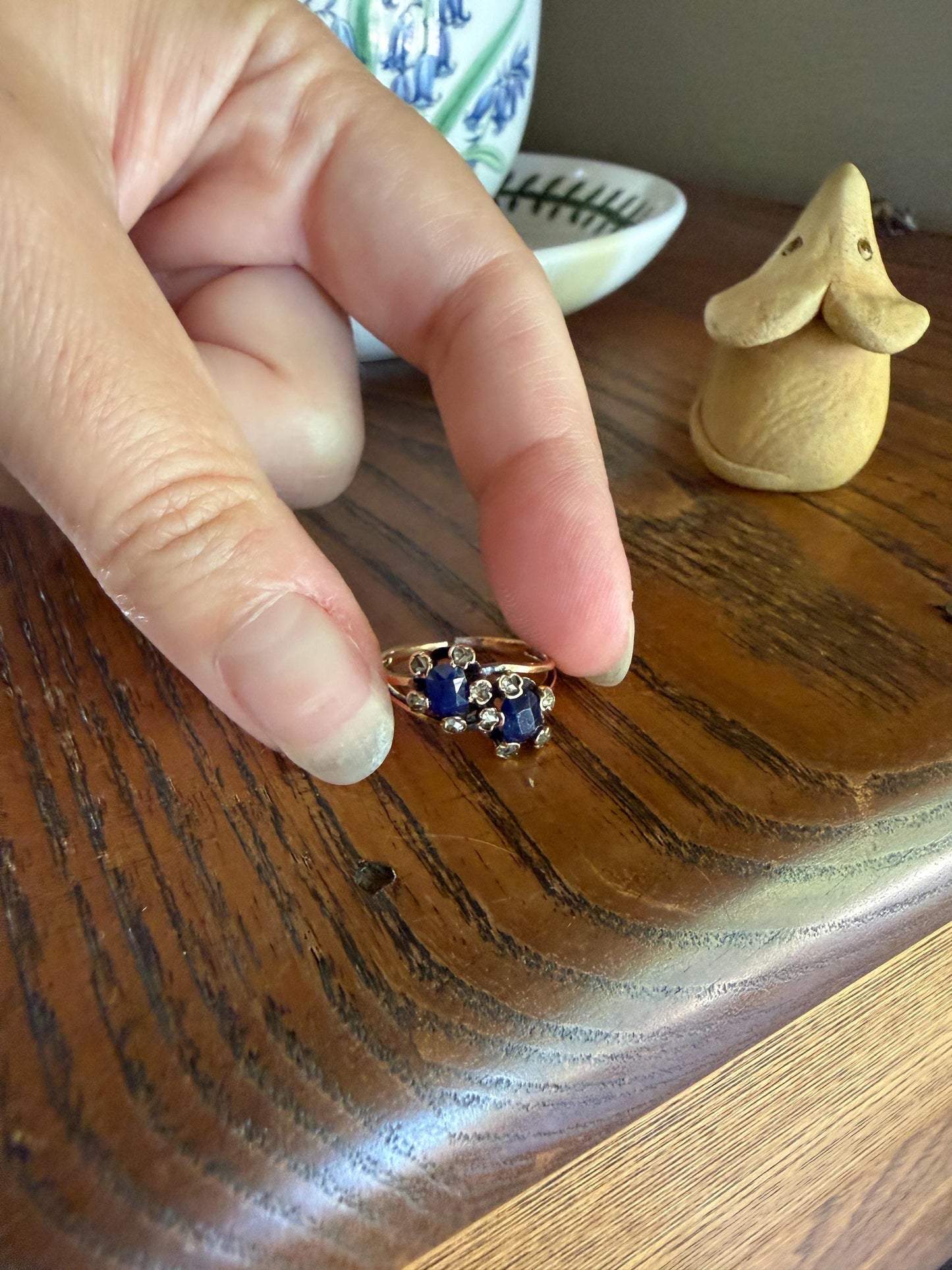 Antique Natural Sapphire Rose Cut Diamond Prongs Floral Halo Toi et Moi Ring French Victorian 18k Gold Bypass Blue Stacker