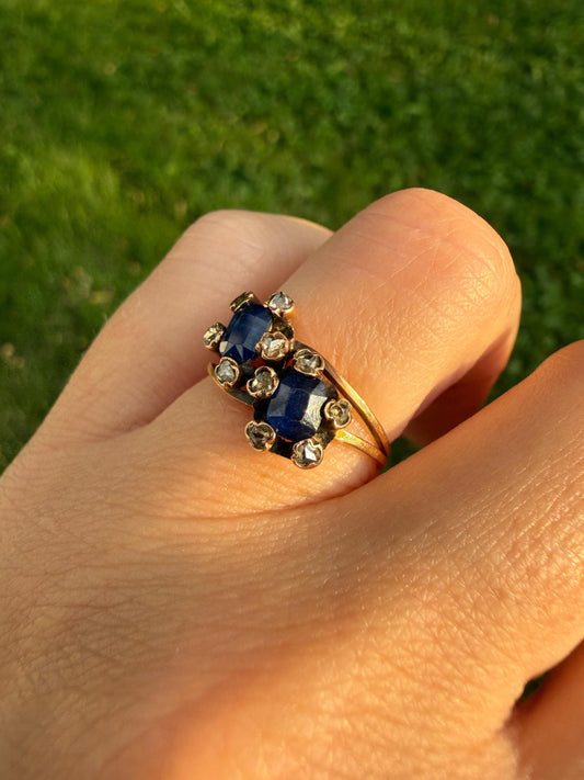 Antique Natural Sapphire Rose Cut Diamond Prongs Floral Halo Toi et Moi Ring French Victorian 18k Gold Bypass Blue Stacker