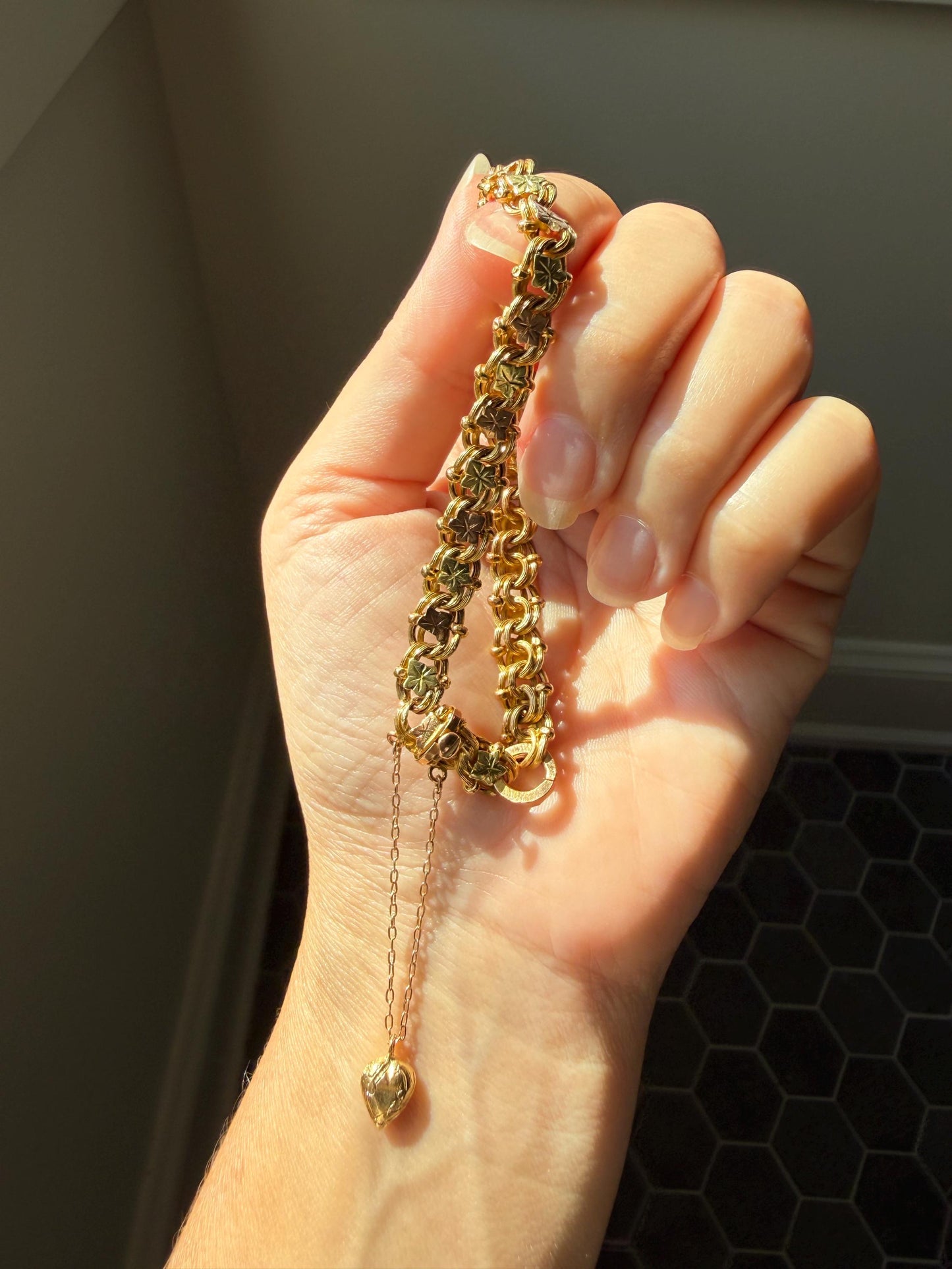 LEAF French Antique Tricolor 8.6g 18k GOLD Solid Braided Double Link Chain Bracelet Heart Charm Figural Leaves Rivet Rose Green Victorian