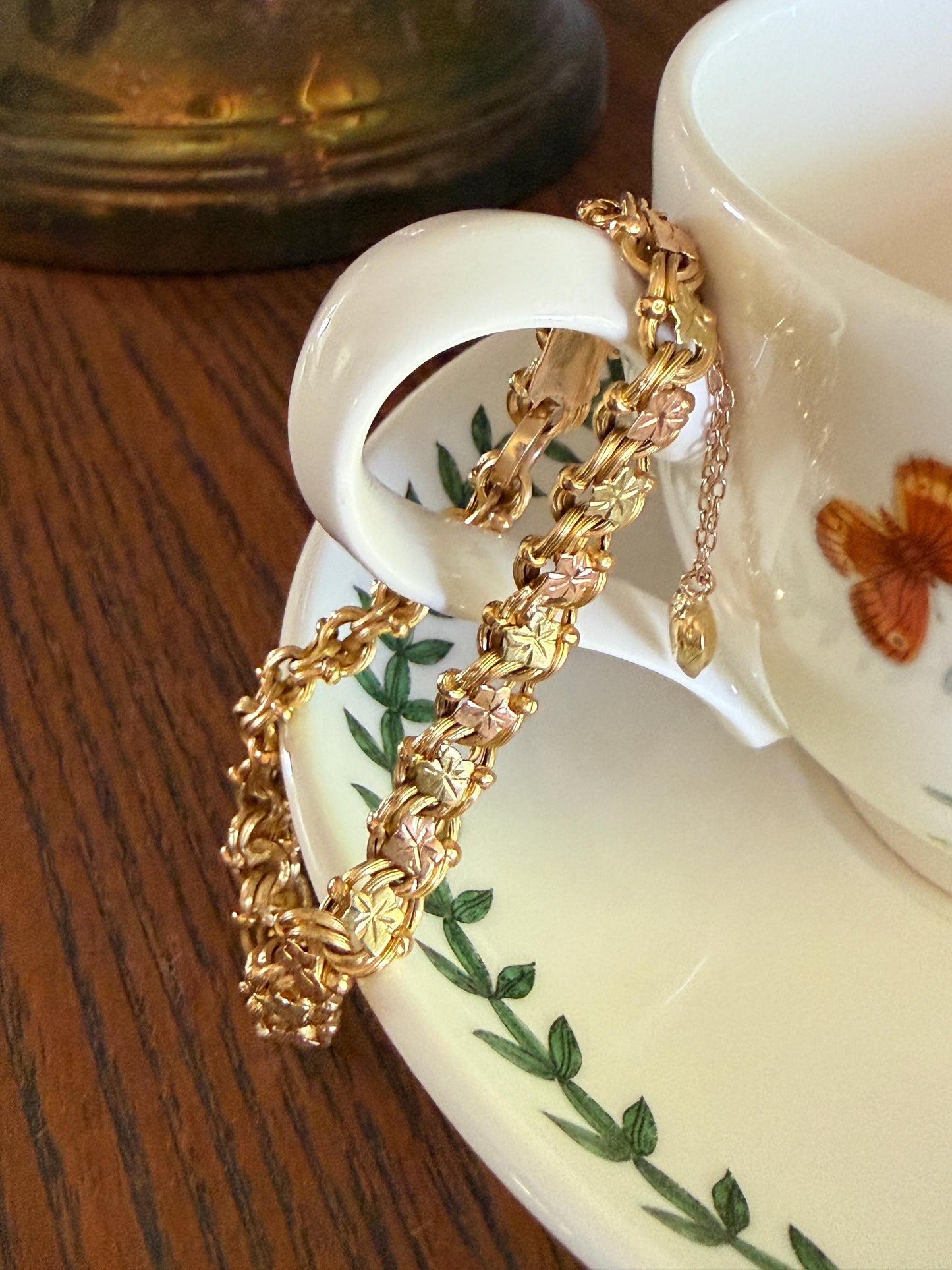 LEAF French Antique Tricolor 8.6g 18k GOLD Solid Braided Double Link Chain Bracelet Heart Charm Figural Leaves Rivet Rose Green Victorian