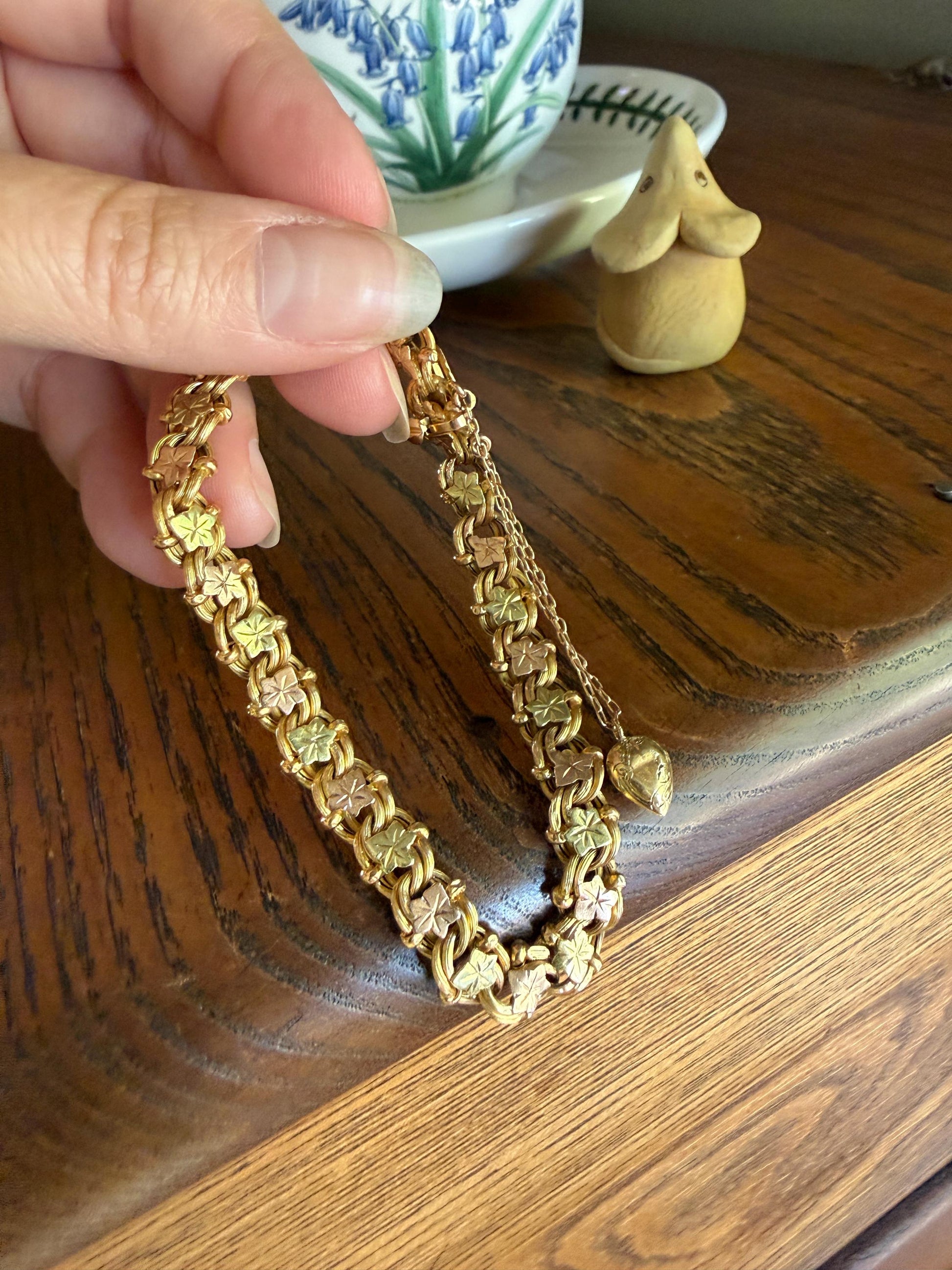 LEAF French Antique Tricolor 8.6g 18k GOLD Solid Braided Double Link Chain Bracelet Heart Charm Figural Leaves Rivet Rose Green Victorian