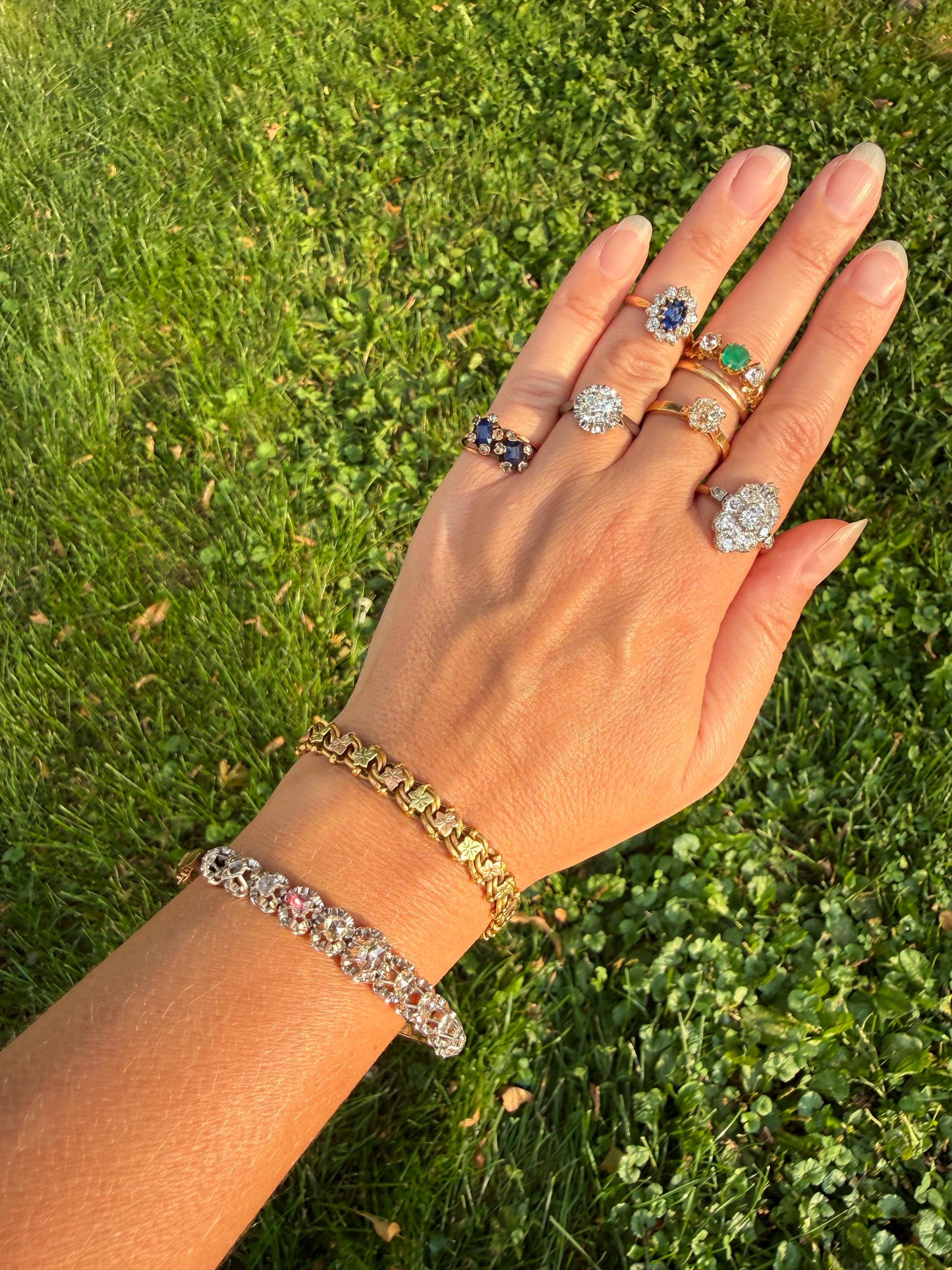 LEAF French Antique Tricolor 8.6g 18k GOLD Solid Braided Double Link Chain Bracelet Heart Charm Figural Leaves Rivet Rose Green Victorian