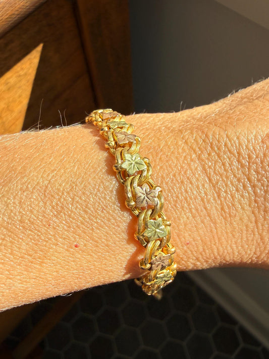 LEAF French Antique Tricolor 8.6g 18k GOLD Solid Braided Double Link Chain Bracelet Heart Charm Figural Leaves Rivet Rose Green Victorian
