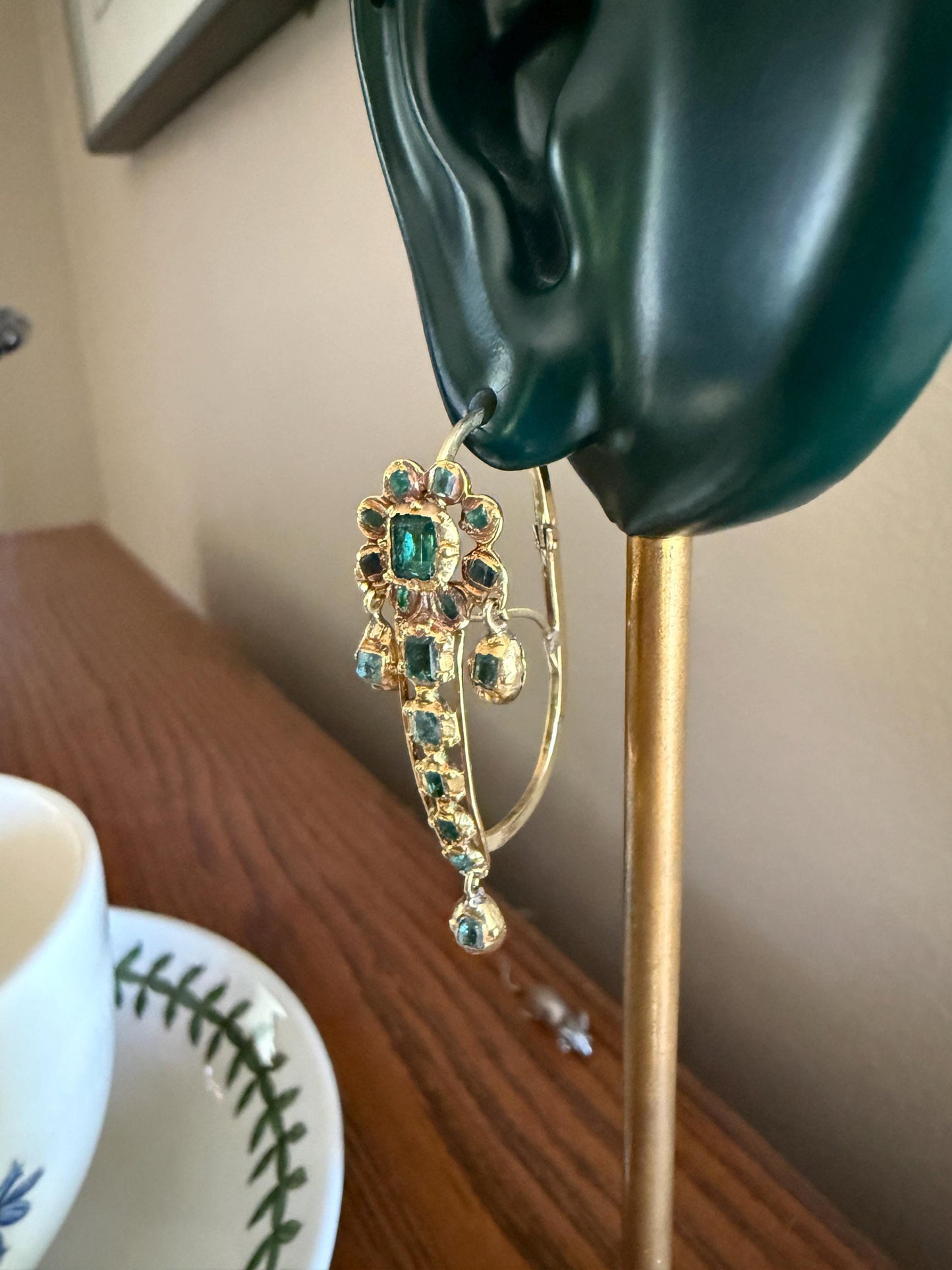 ANTIQUE Iberian Natural Square Cut EMERALD Georgian Era Floral Dangle Linear Earrings Boxed 18k Gold Hand Made Baroque Green