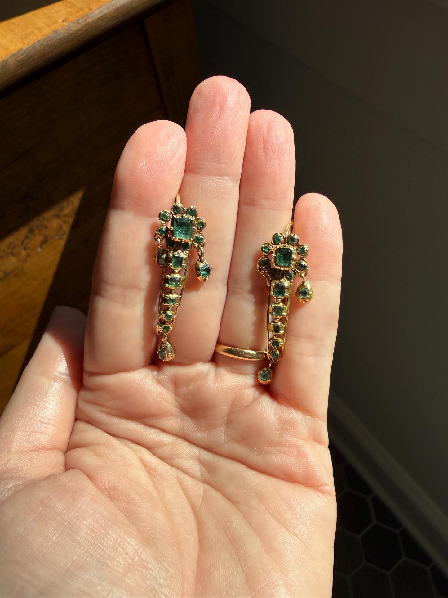 ANTIQUE Iberian Natural Square Cut EMERALD Georgian Era Floral Dangle Linear Earrings Boxed 18k Gold Hand Made Baroque Green