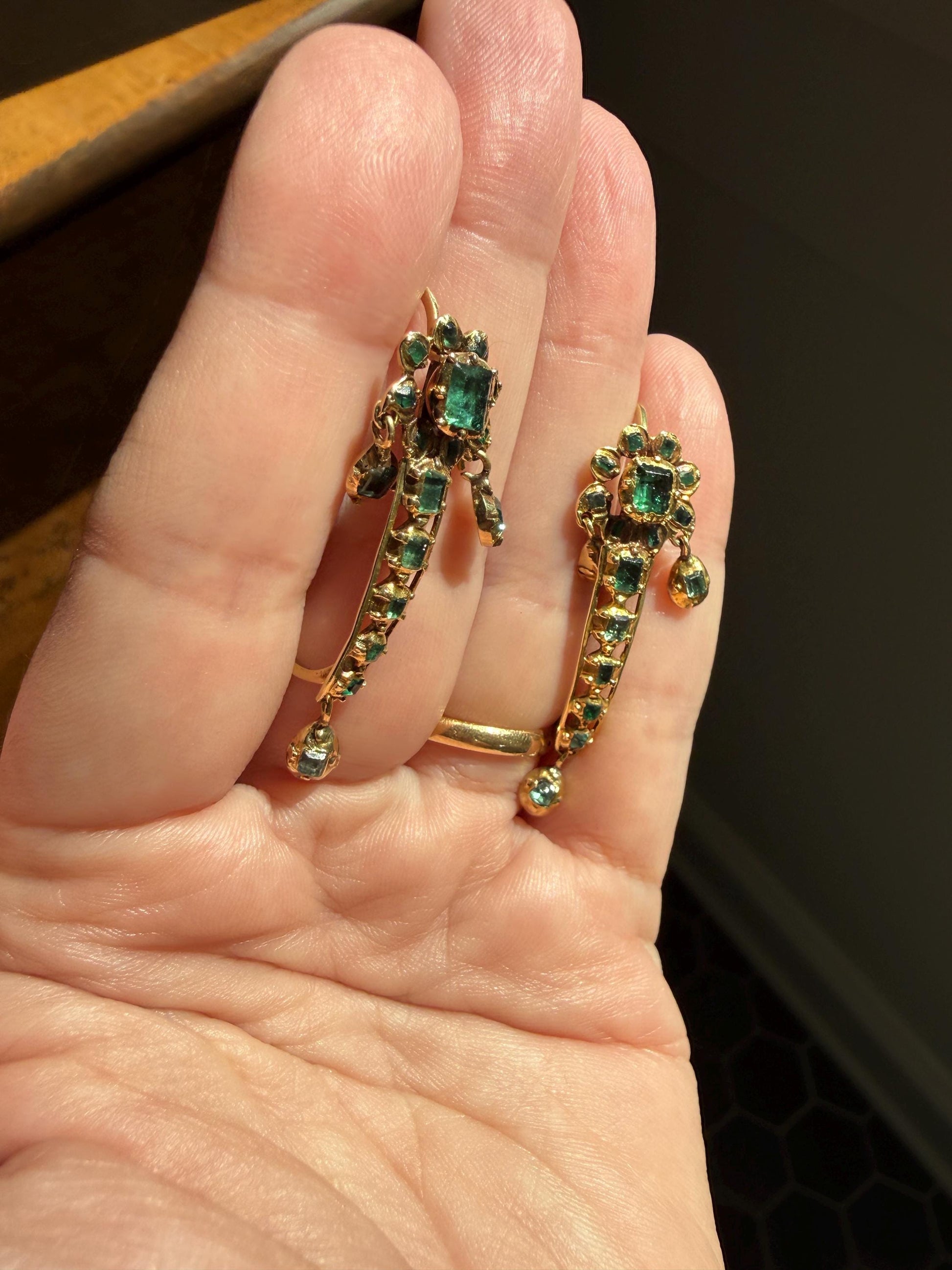 ANTIQUE Iberian Natural Square Cut EMERALD Georgian Era Floral Dangle Linear Earrings Boxed 18k Gold Hand Made Baroque Green