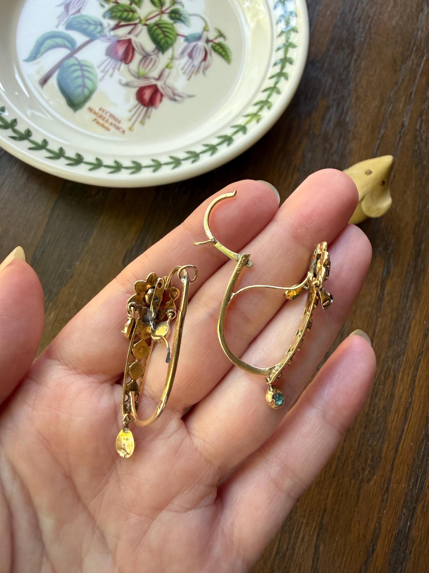ANTIQUE Iberian Natural Square Cut EMERALD Georgian Era Floral Dangle Linear Earrings Boxed 18k Gold Hand Made Baroque Green