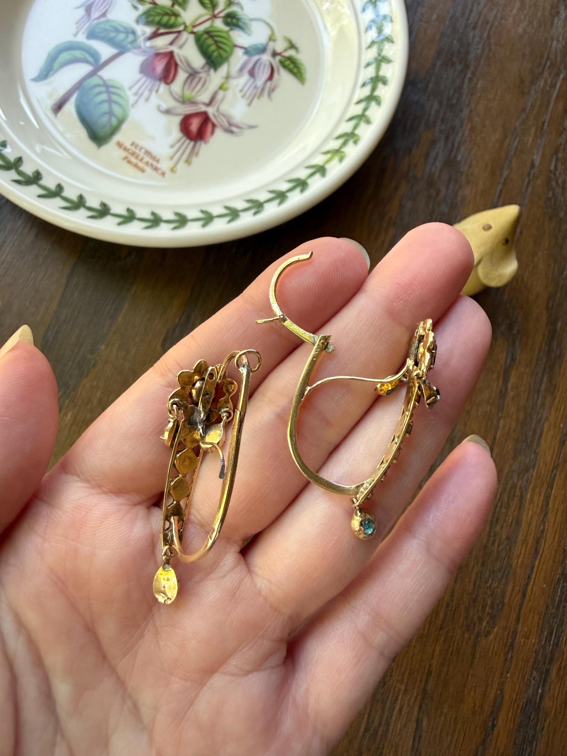 ANTIQUE Iberian Natural Square Cut EMERALD Georgian Era Floral Dangle Linear Earrings Boxed 18k Gold Hand Made Baroque Green