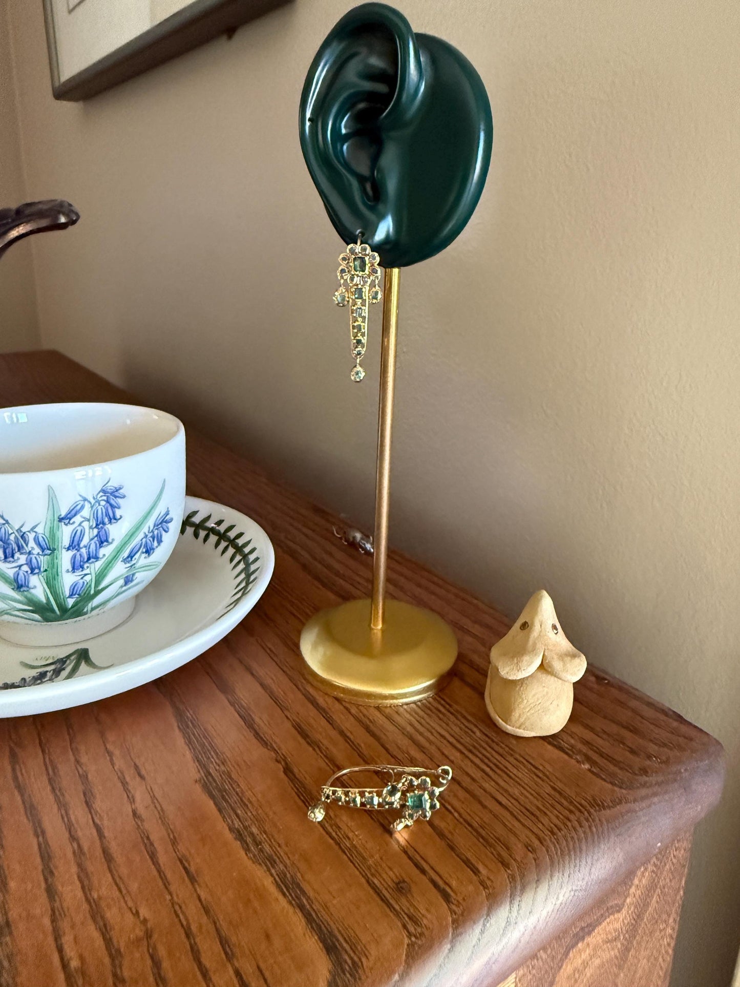 ANTIQUE Iberian Natural Square Cut EMERALD Georgian Era Floral Dangle Linear Earrings Boxed 18k Gold Hand Made Baroque Green