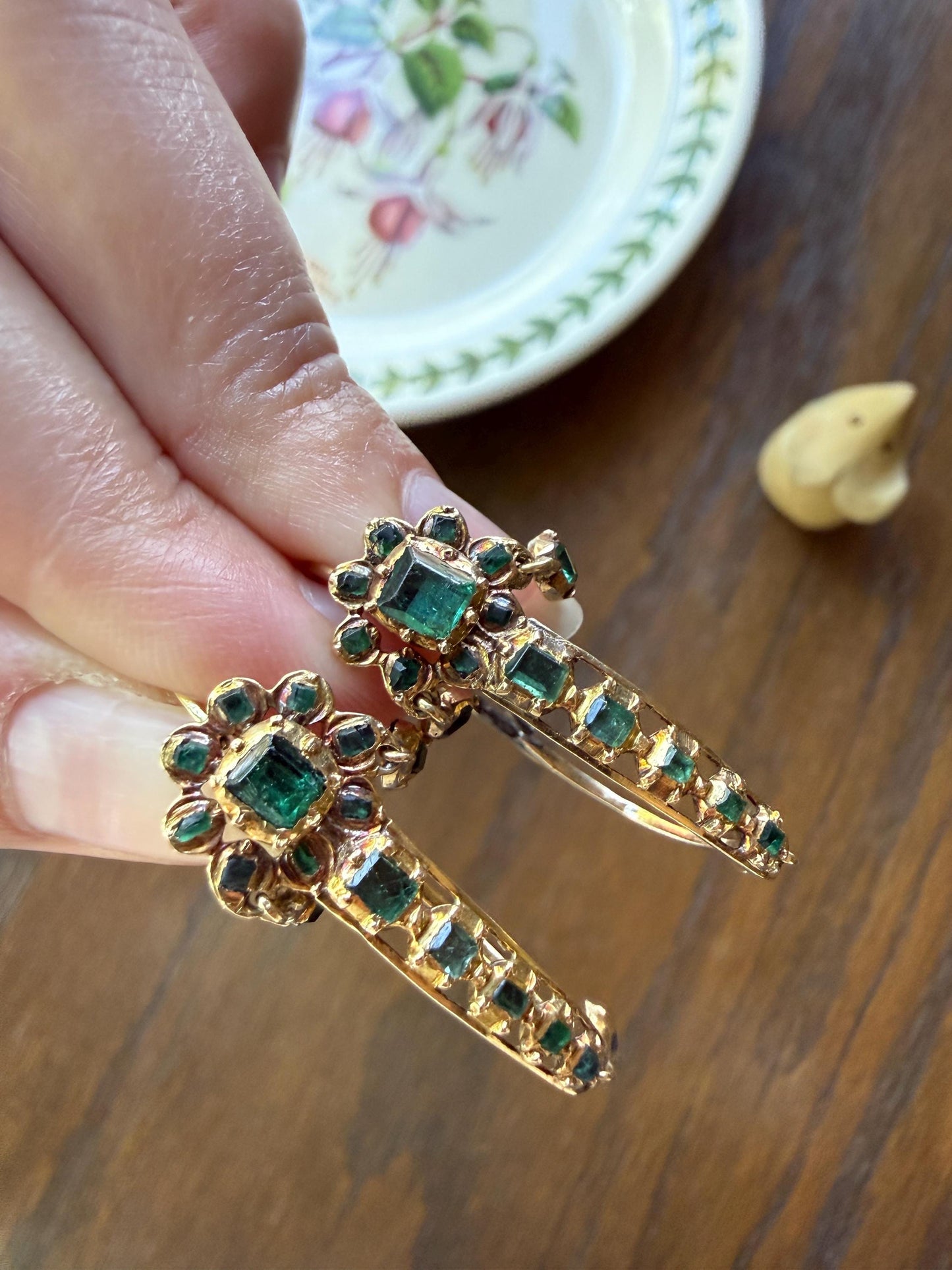 ANTIQUE Iberian Natural Square Cut EMERALD Georgian Era Floral Dangle Linear Earrings Boxed 18k Gold Hand Made Baroque Green