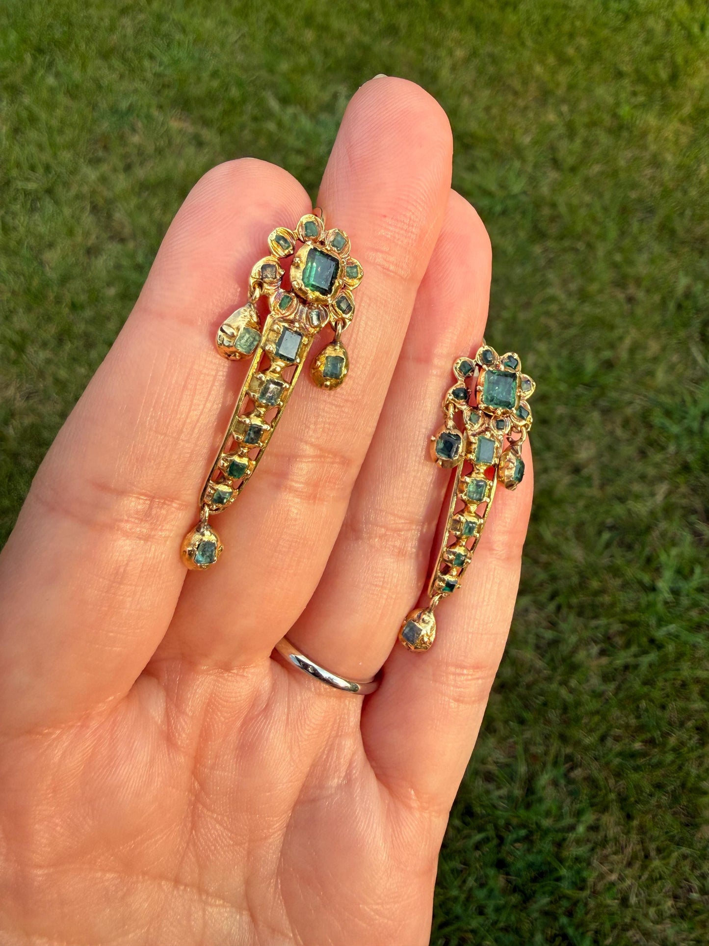 ANTIQUE Iberian Natural Square Cut EMERALD Georgian Era Floral Dangle Linear Earrings Boxed 18k Gold Hand Made Baroque Green