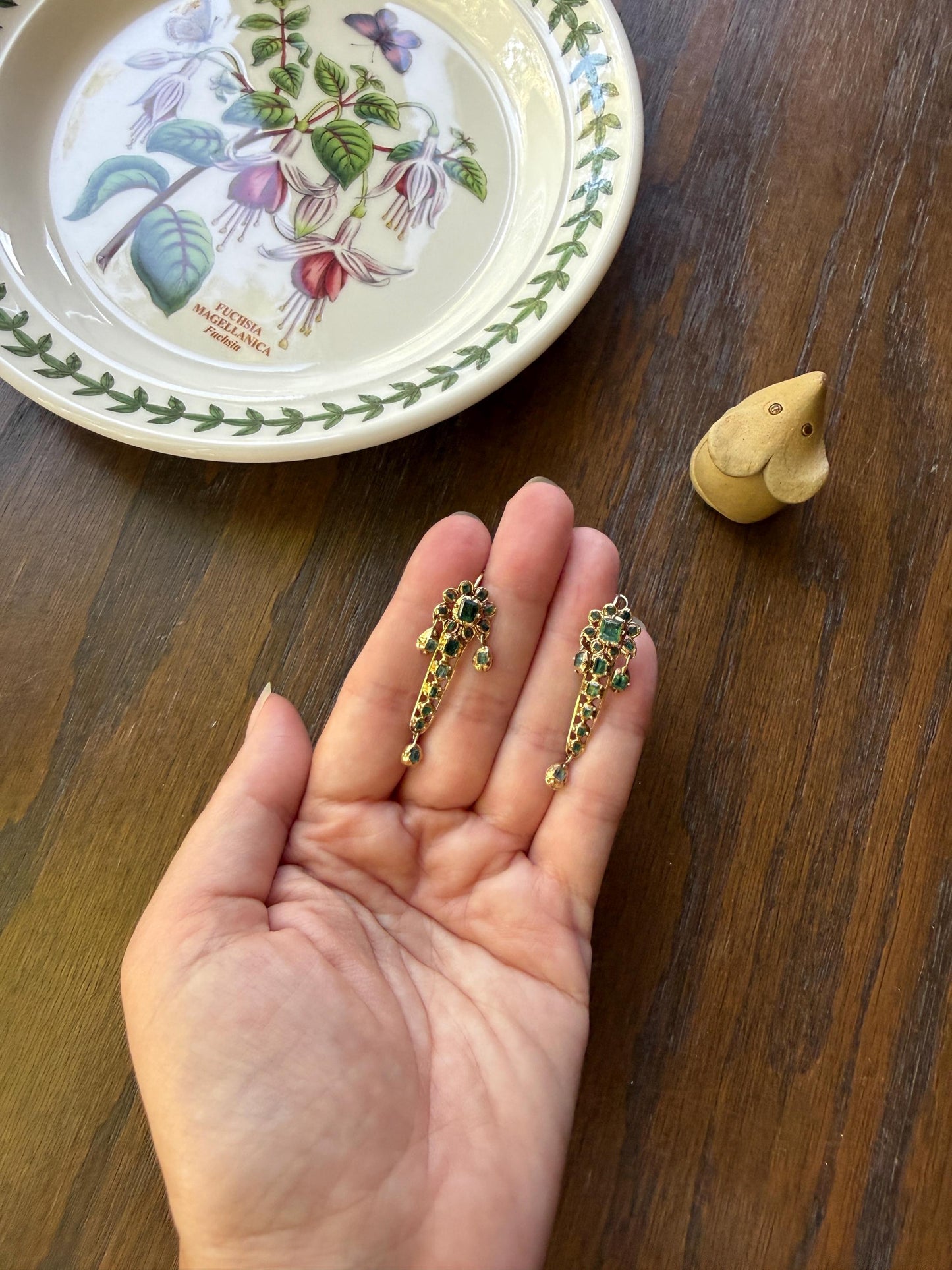 ANTIQUE Iberian Natural Square Cut EMERALD Georgian Era Floral Dangle Linear Earrings Boxed 18k Gold Hand Made Baroque Green