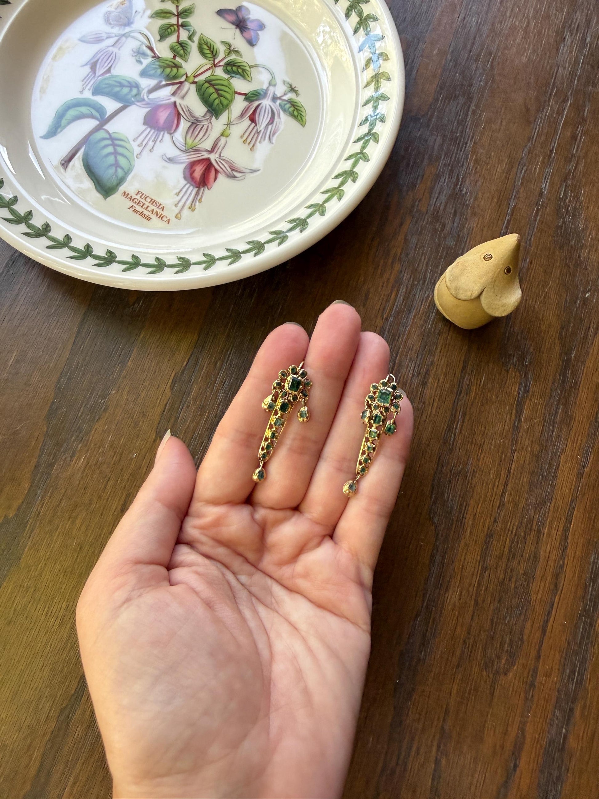 ANTIQUE Iberian Natural Square Cut EMERALD Georgian Era Floral Dangle Linear Earrings Boxed 18k Gold Hand Made Baroque Green