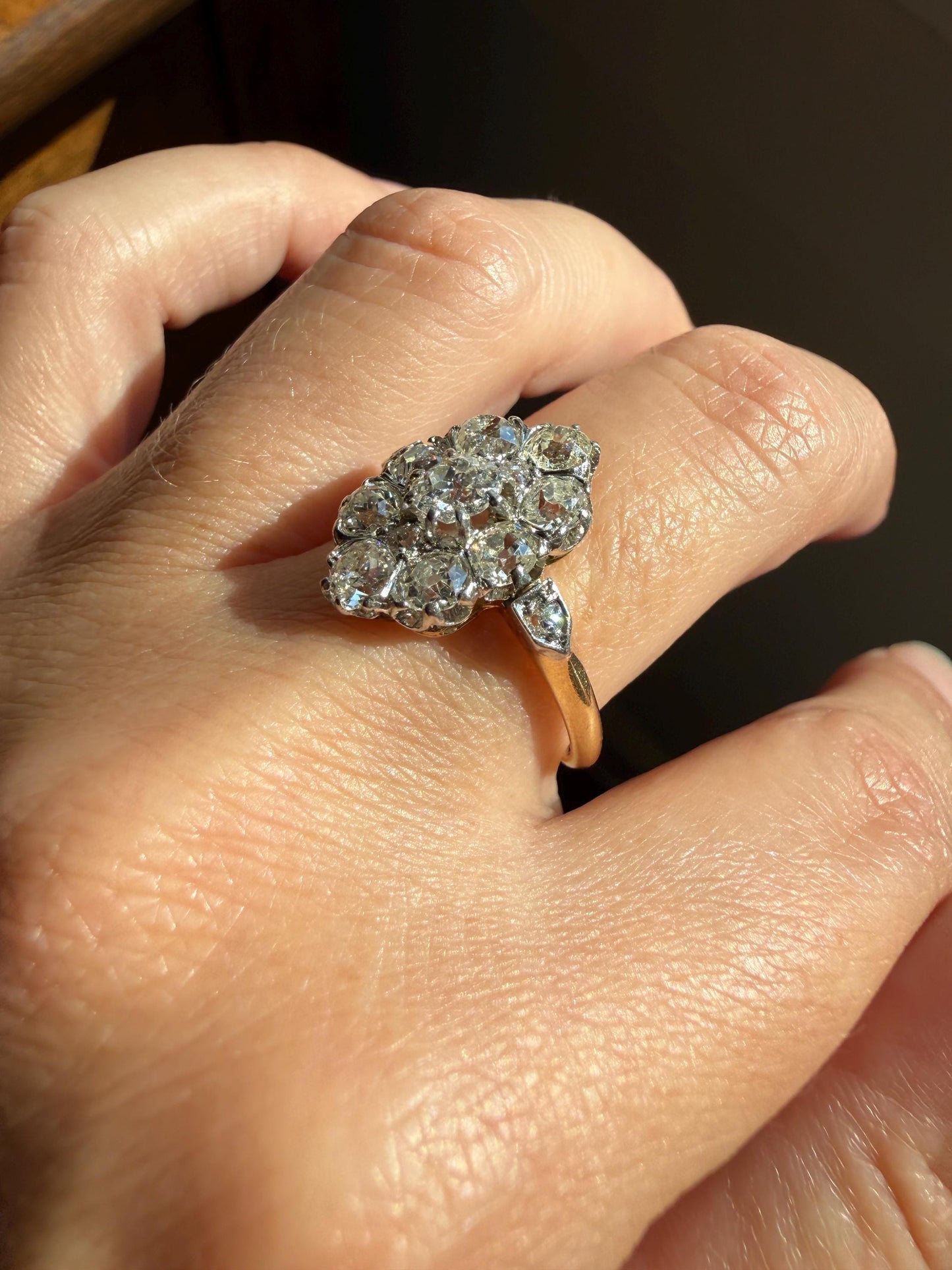 ANTIQUE Two Carats 11 Old Mine Cut DIAMOND Daisy Cluster Ring 18k Rose Gold & PLATiNUM Belle Epoque Romantic Gift OmC Victorian Oval