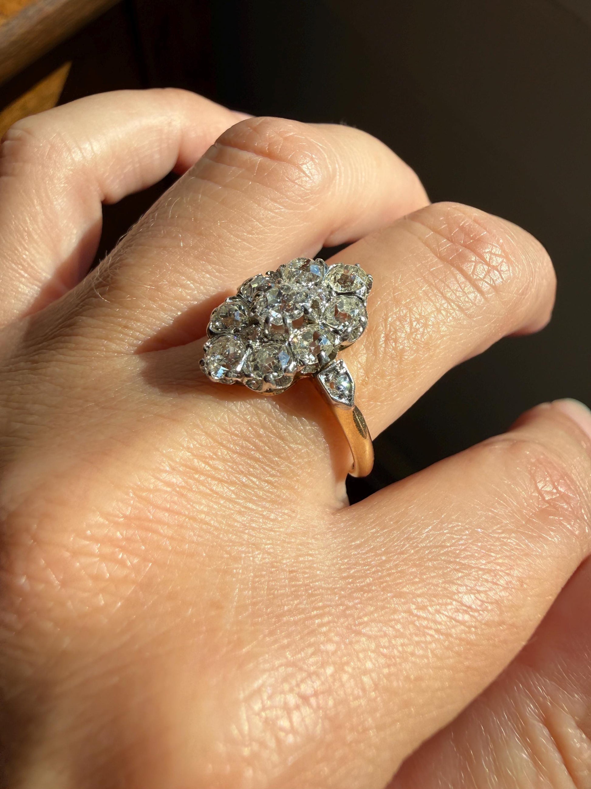 ANTIQUE Two Carats 11 Old Mine Cut DIAMOND Daisy Cluster Ring 18k Rose Gold & PLATiNUM Belle Epoque Romantic Gift OmC Victorian Oval