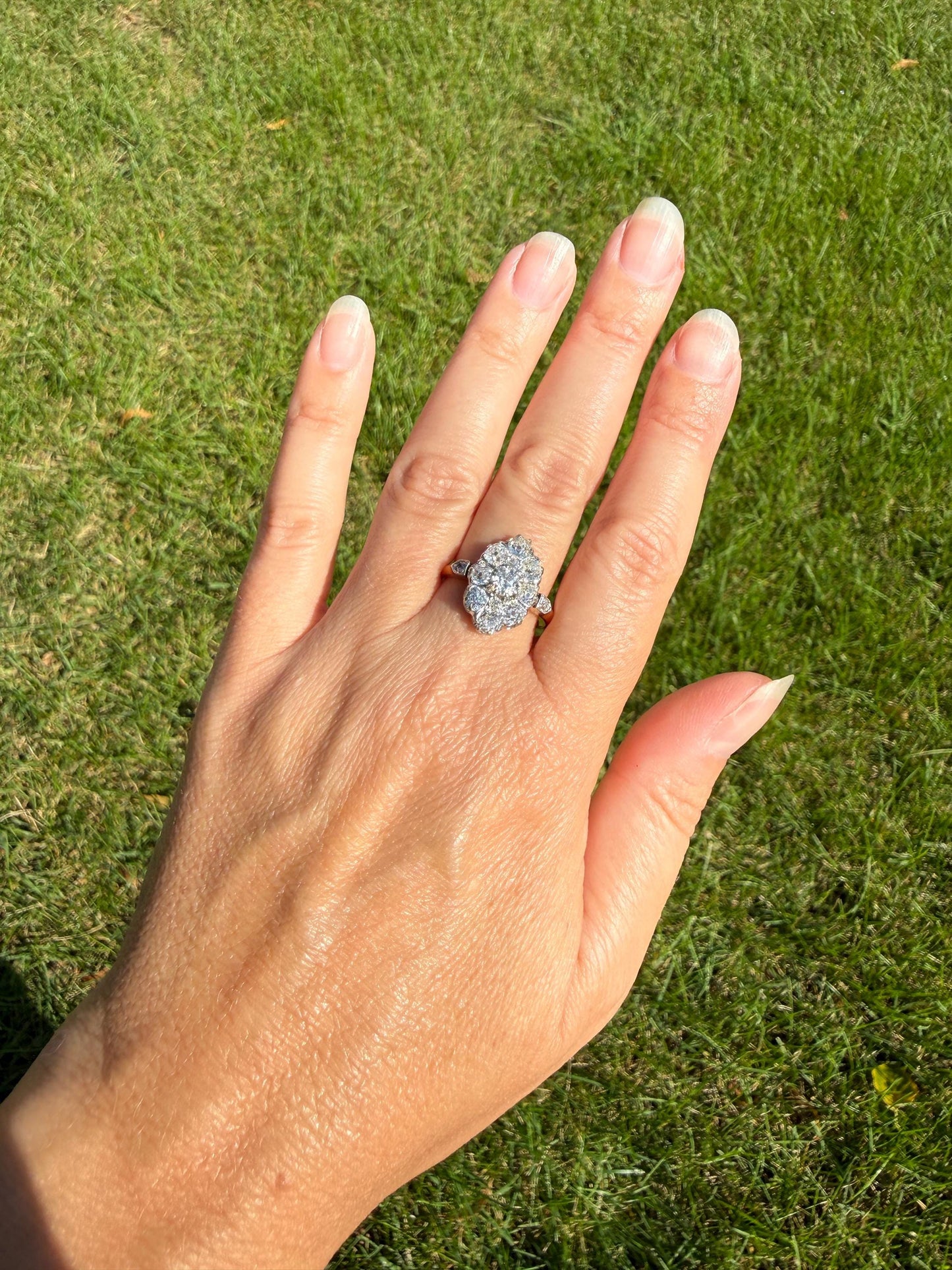 ANTIQUE Two Carats 11 Old Mine Cut DIAMOND Daisy Cluster Ring 18k Rose Gold & PLATiNUM Belle Epoque Romantic Gift OmC Victorian Oval